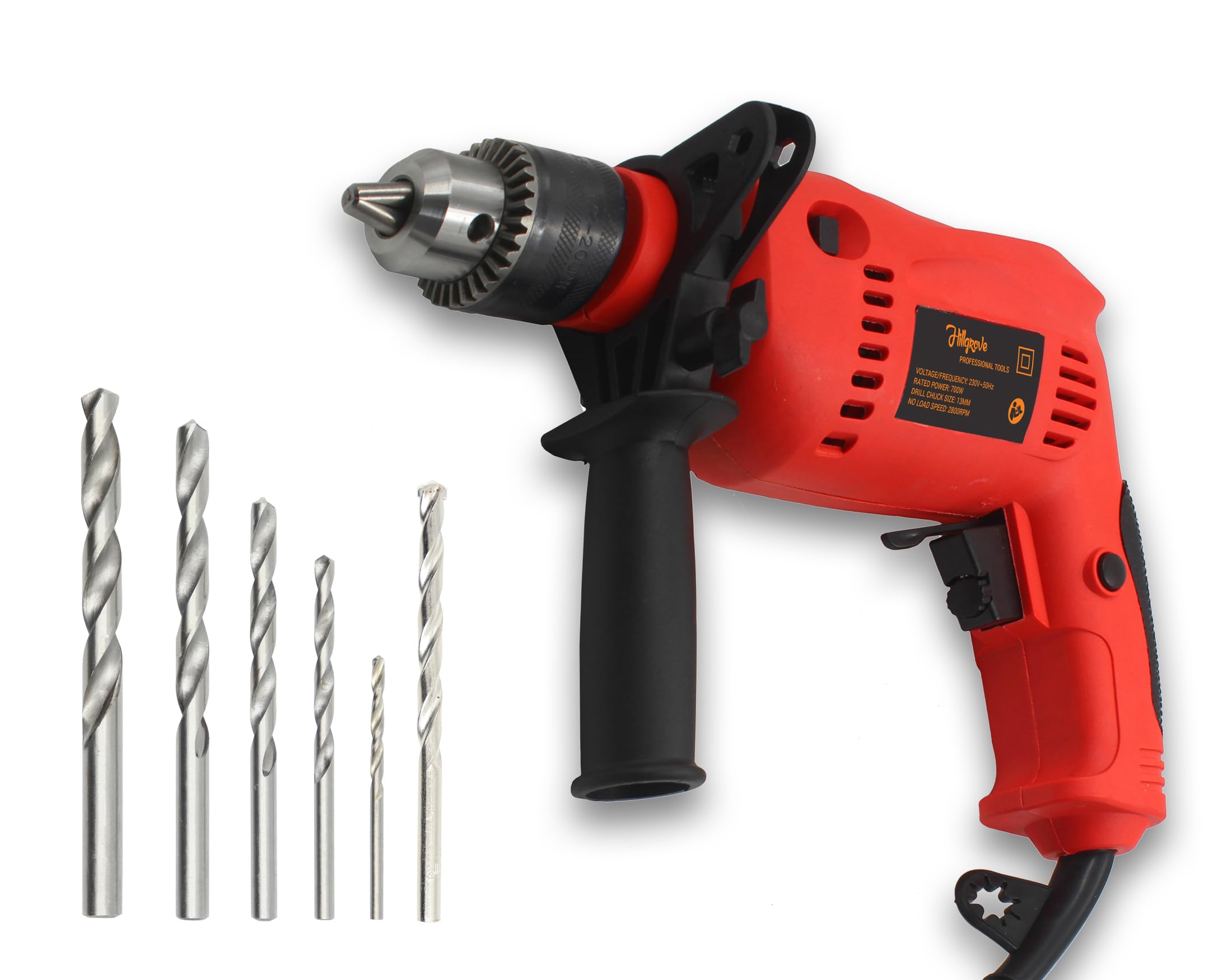 Hillgrove HOPD2 All Purpose Drill Machine with 6 Drill Bits for Making Holes in Metal/Wood/Concrete with Reverse Rotaion and Variable Speed Pistol Grip Drill (13 mm Chuck Size)