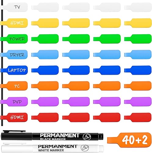 40 etiquetas de cable con marcador de punta fina de 2 colores, para organizar cables e identificación, etiquetas multicolores para cuerda de