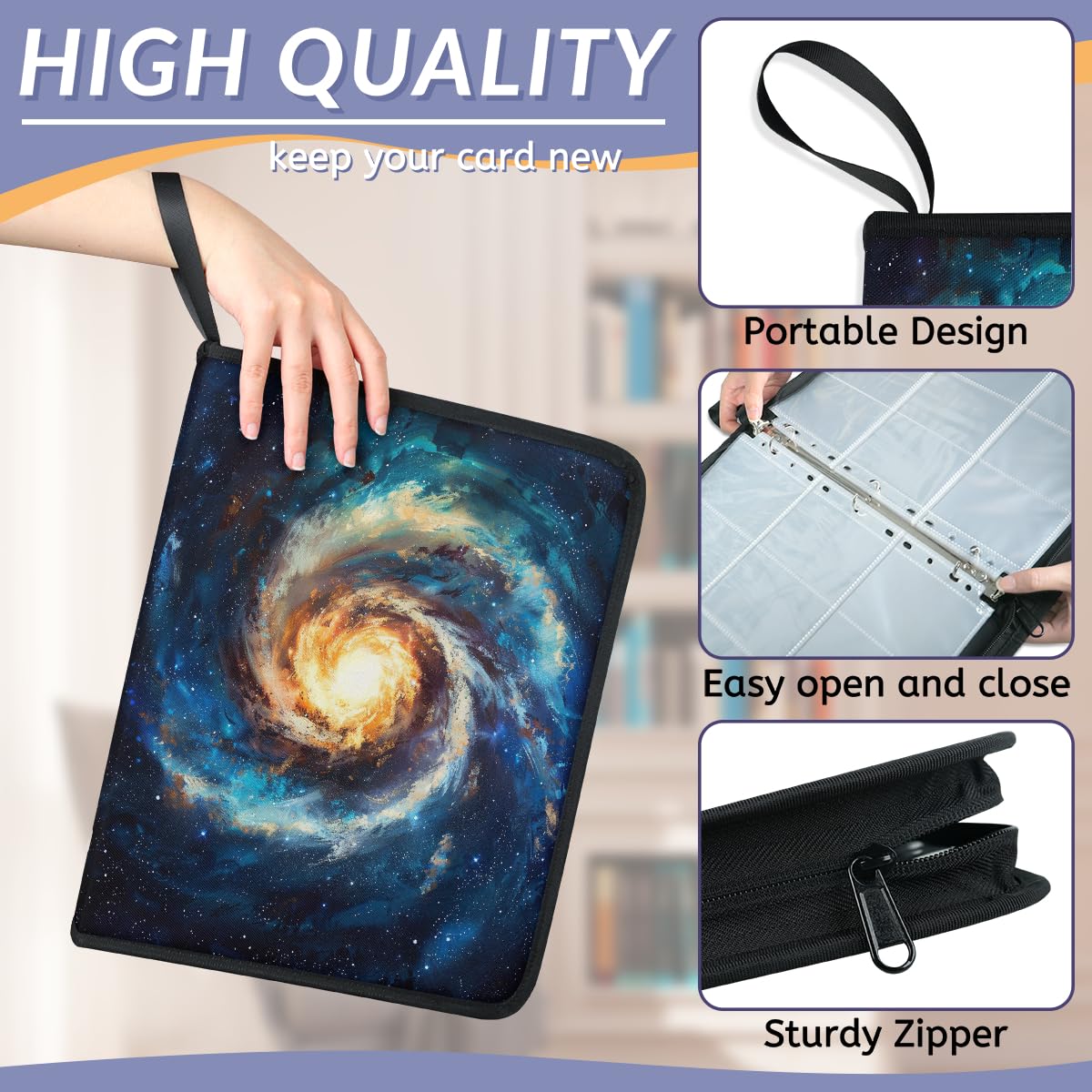 Mexpekil Space Cloud Galaxy - Raccoglitore di carte con 9 tasche con 50 pagine a caricamento laterale, per 900 carte, con cerniera, impermeabile, porta carte