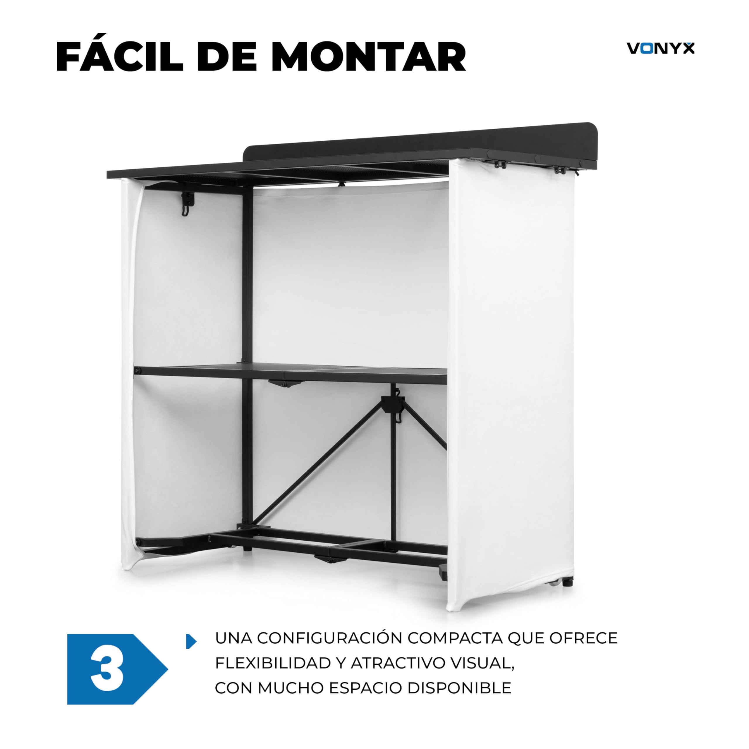 Vonyx DBF105 – Cabina DJ Plegable de 1 Metro con Estructura de Aluminio Fundas Lycra Blanca y Negra repisa Inferior pasacables y Bolsa de Transporte Resistente para DJs móviles