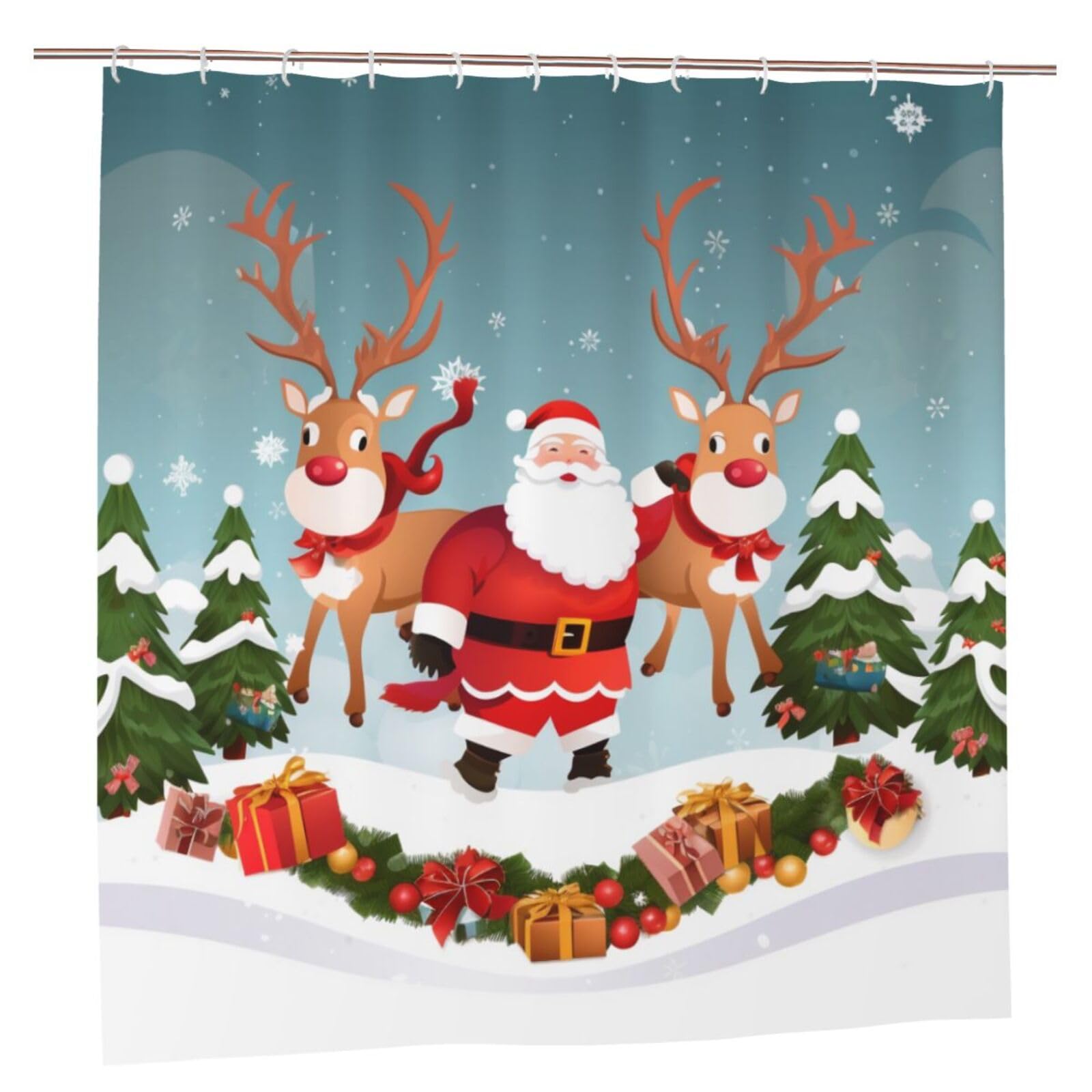 BWWHCCTI Merry Christmas Printed Shower Curtain With 12 Plastic Hooks Opaque Quick Drying Waterproof Shower Curtains Sets For Bathroom 183x183 CM
