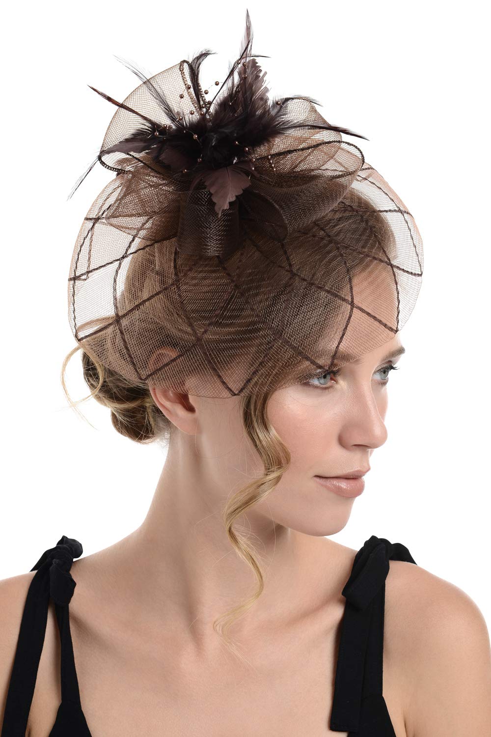Zac's Alter Ego Women's Brown Lace & Net Fascinator With Feathers On Clip Or Aliceband