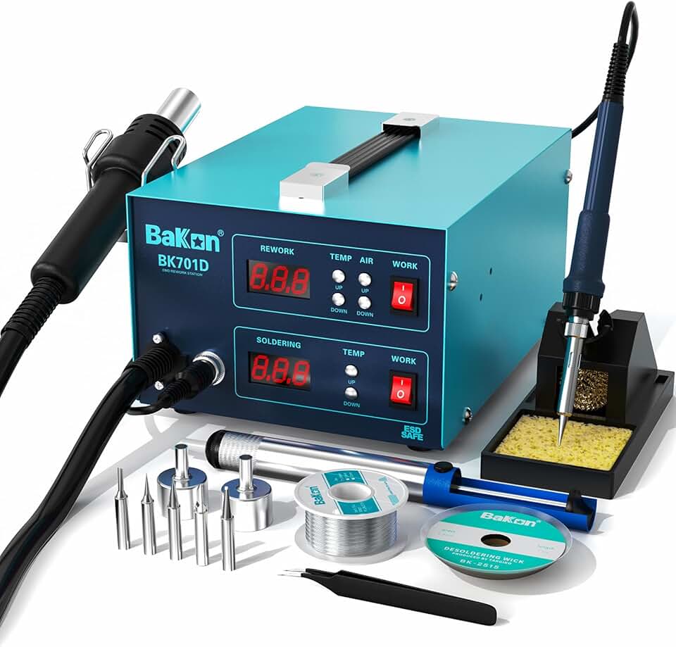BAKON Estação de Solda Bk701D 700W, 2 Em 1: Estação de Retrabalho de Ar Quente E Ferro de Solda, Estação de Solda Smd com Proteção Esd, Kit de Solda Eletrônica Para Reparo de Celulares, Laptops