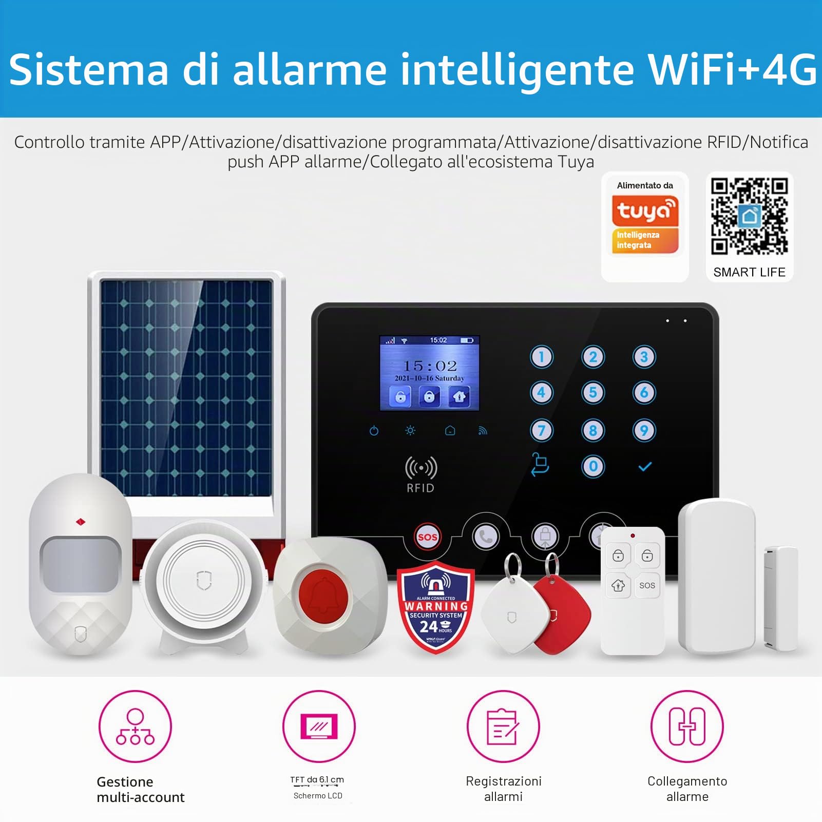 Wolf Guard italiano WiFi 4G kit sistema di allarme di sicurezza domestica senza fili W4Q-W06 in italiano, Tuya Smartlife APP Alexa, con sirena solare, sensori di porta, rilevatore di movimento