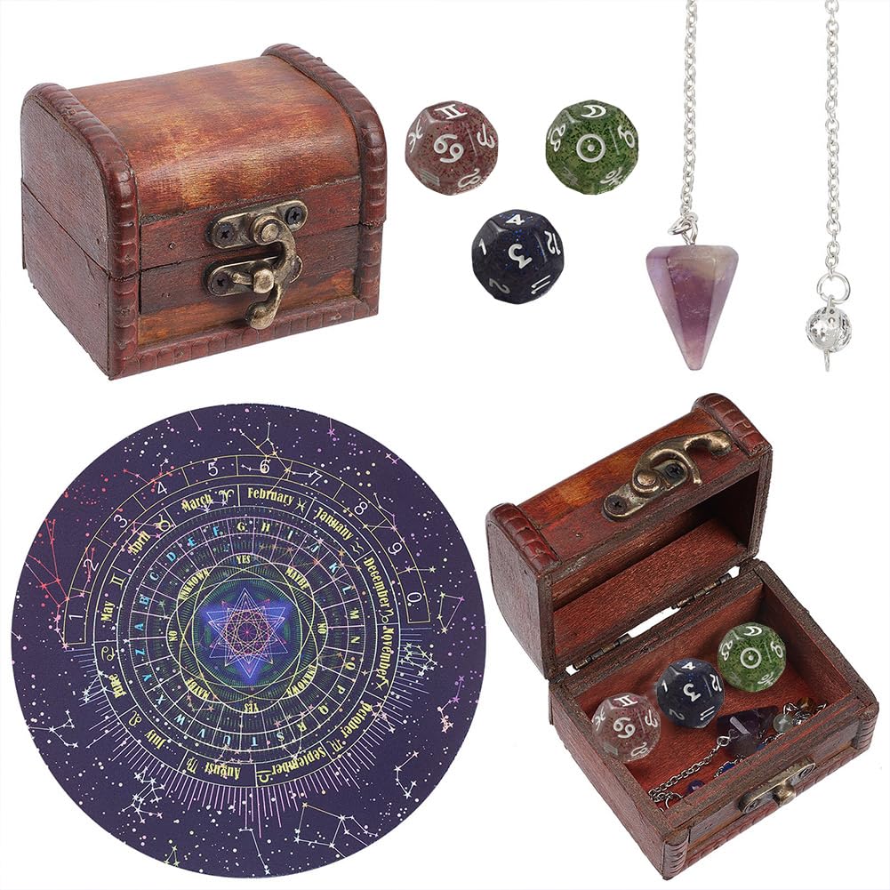 CREATCABIN Tarot Astrology Dice Pendulum Board Set Tarot Astrological Dice Chakra Amethyst Pendants Dowsing Pendulum Kit Witchcraft Wiccan Altar Supplies Spiritual Power for Divination Meditation