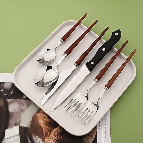Miniatura 3 de Juego de cubiertos de acero inoxidable para 4 Uniturcky 24 piezas con cuchillos para carne, juego de cubiertos con mango de madera para el hogar,