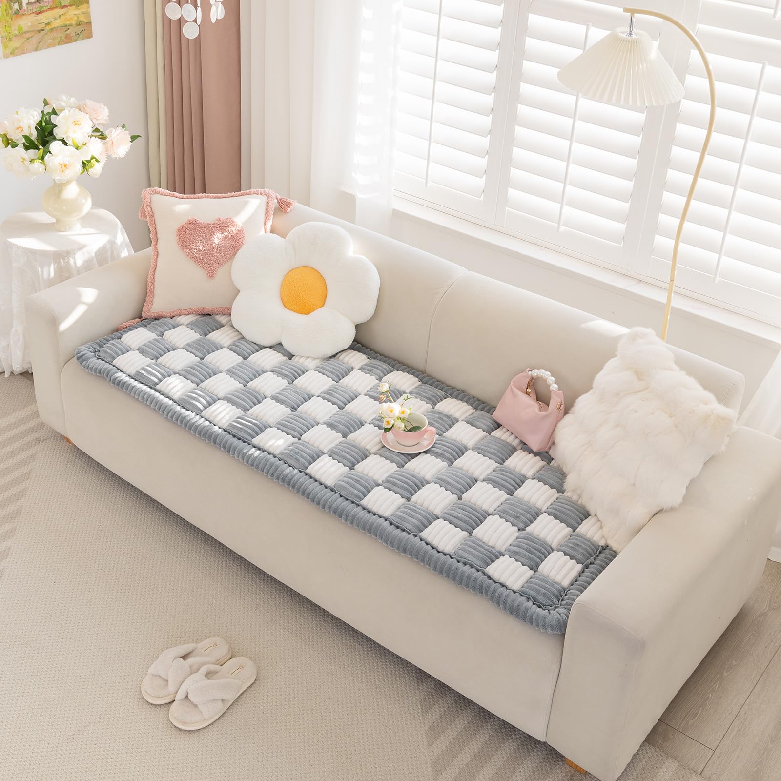 Sofaüberwurf rutschfest waschbar, Flanell Couchauflage extra dick mit Anti-Rutsch-Unterseite, Sofaschoner für 2/3/4-Sitzer & Haustiere, Karo (grau, 70x210cm)