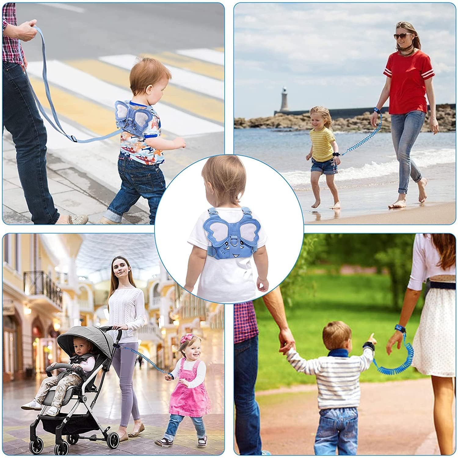 Laisse 3 en 1 pour enfant - Motif éléphant - Anti-perte - Avec poignet de sécurité - Harnais de course pour enfants - Laisse pour enfant avec cadenas de sécurité