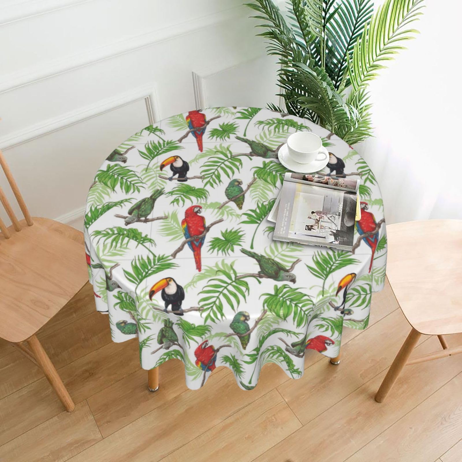YYHHAOFA Parrot Birds and Tropical Tree Prints 60in Round Decorative Tablecloth – High-Grade Polyester Throw Cover for Dining, Parties, and Outdoor Events