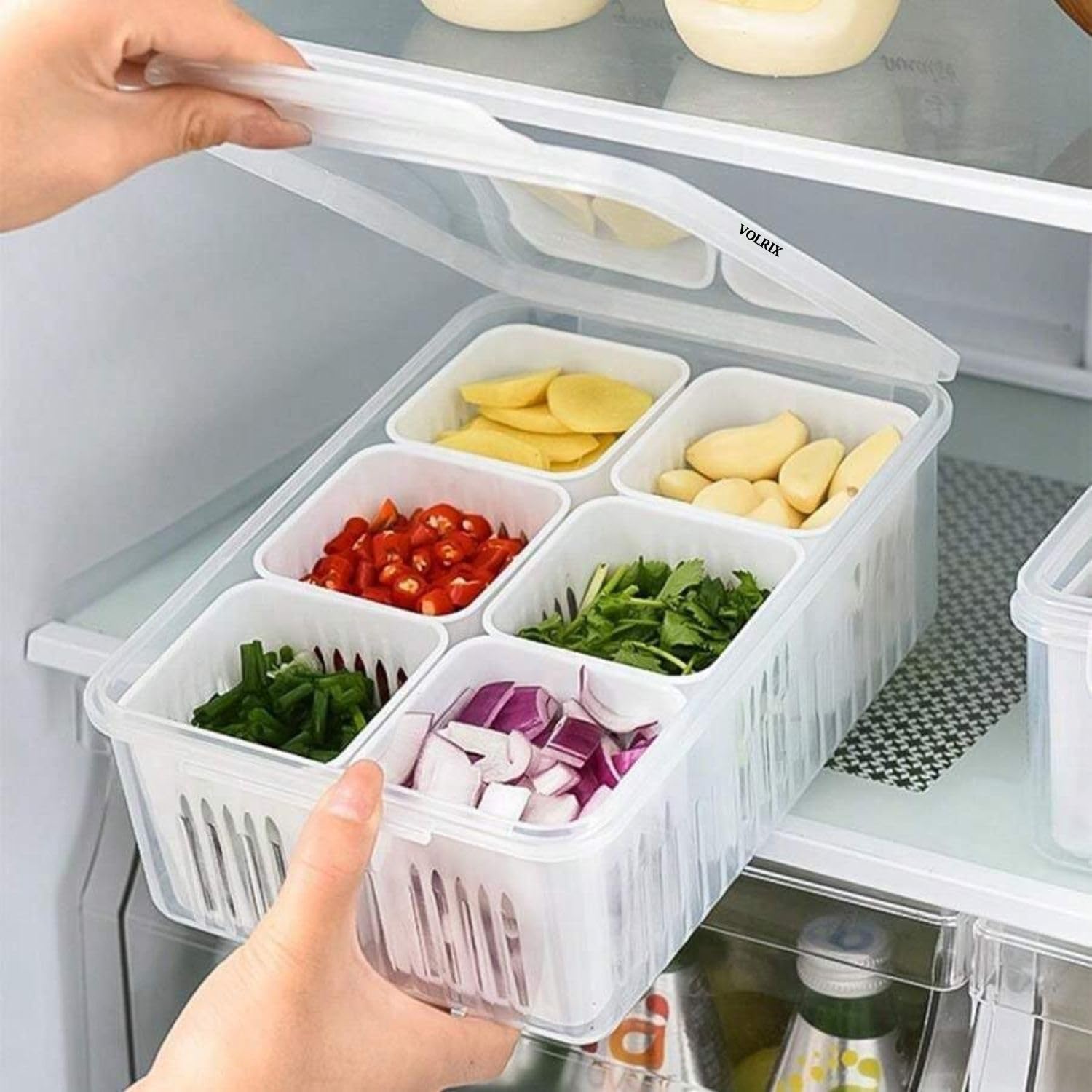 VOLRIX Refrigerator Storage Containers with 6 Drain Basket, Fridge Storage Containers, Fridge Organizer for Kitchen, Fridge Storage Boxes Keep Fresh Chopped Green, Ginger, Garlic and Vegetables