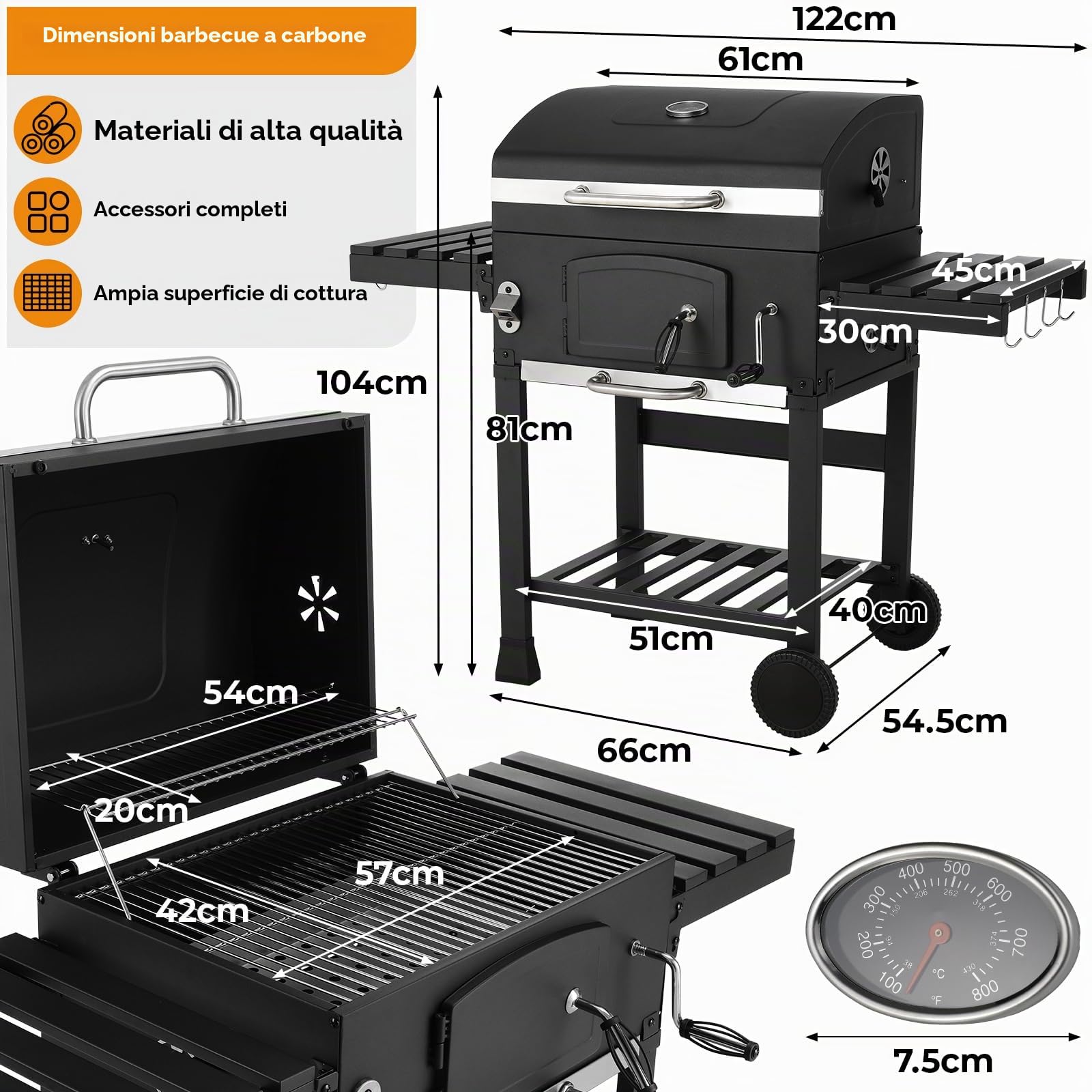 LIFERUN Barbecue Carbonella XXL con Coperchio, Griglia per Barbecue con Copertura Impermeabile, Ruote e Termometro, Altezza regolabile, Grande BBQ Smoke, per Campeggio, Giardino