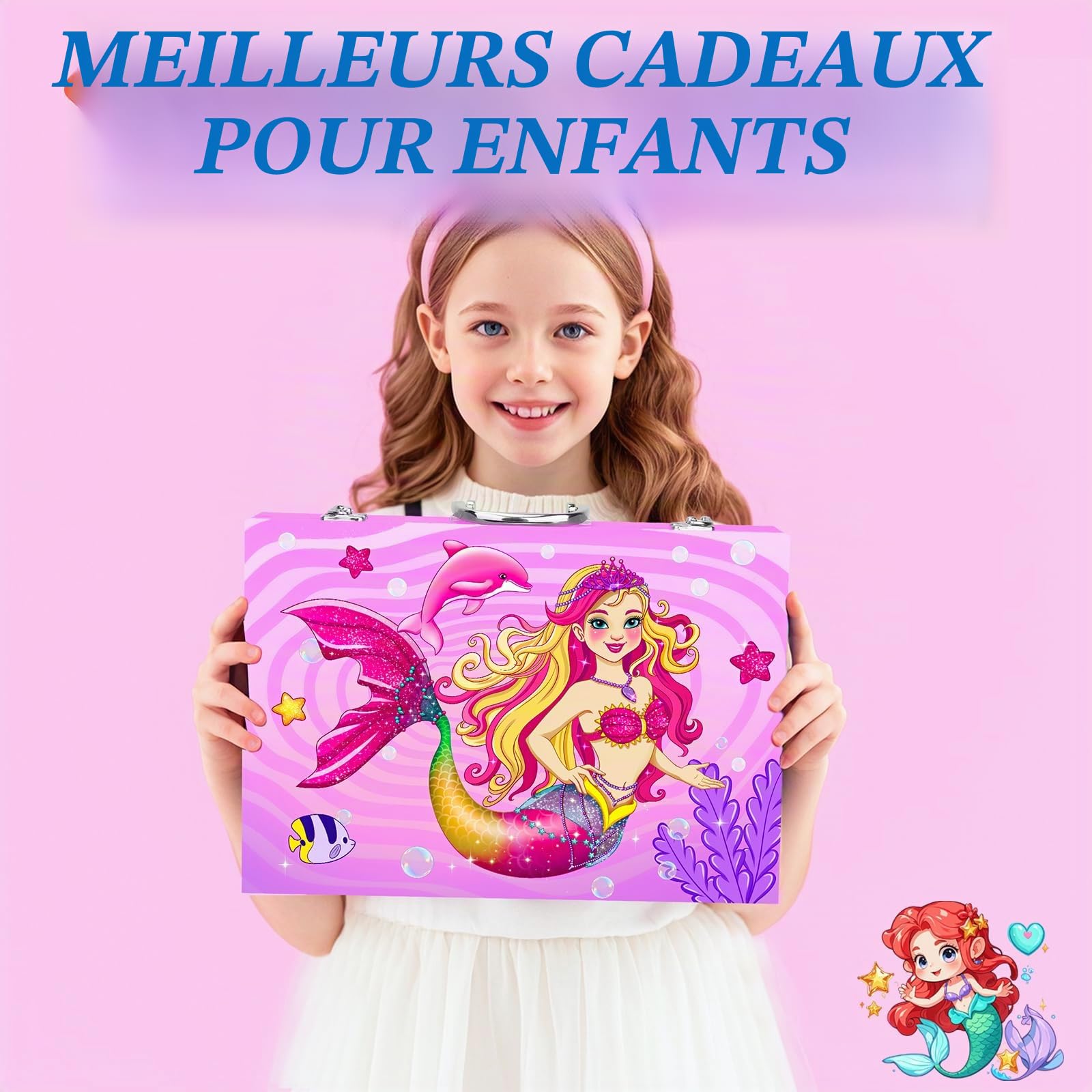 Sirène Malette De Coloriage Enfant,Malette De Dessin Enfant De 4 à 12 Ans, Malette De Coloriage Fille Avec Feutres, Pastels à L'Huile, Crayons, Crayons De Couleur,Cadeaux De NoëL