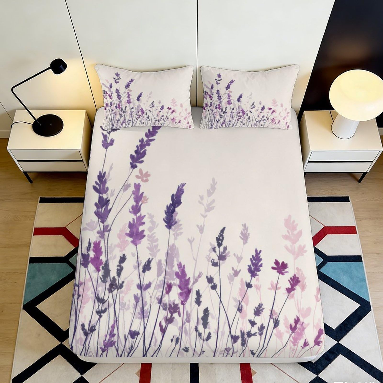 3D Printed Lavender Blossom Fitted Sheet Microfiber Soft Purple Meadow Mattress Cover for Bedroom Decor Dorm Protection 90x200x25cm