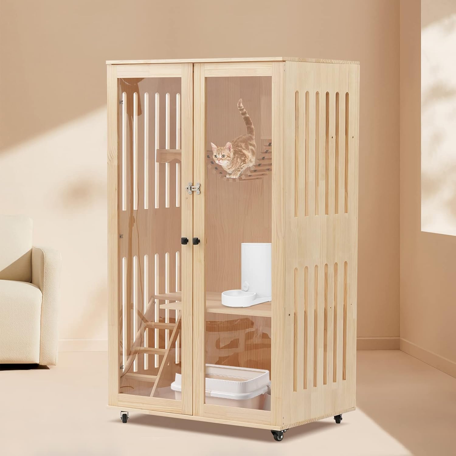review KOLHGNSE Luxury Cat House, Wooden Large Cat Villa with Wheels, 59inch Multi-Feature Enclosed Cat Condo for Indoor Cats Ventilation Clear Doors, Large Space Cat Cage