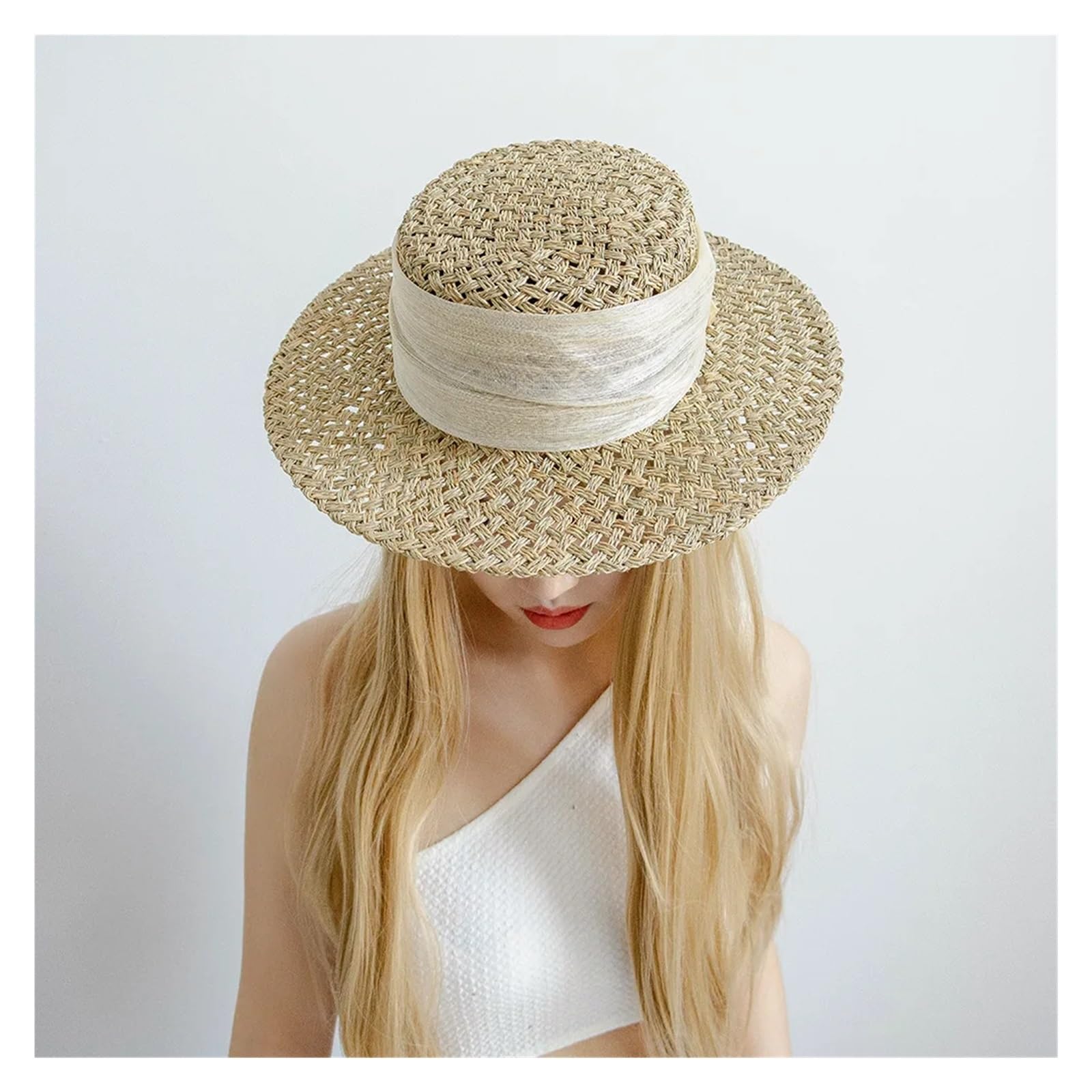 Sommer-Sonnenhut aus Stroh Damen Sommer Sonnenhut Naturstroh Flat Top Caps Elegante Bootshut Handgefertigt Sonnenschutz Strand Outdoor Für die Reise
