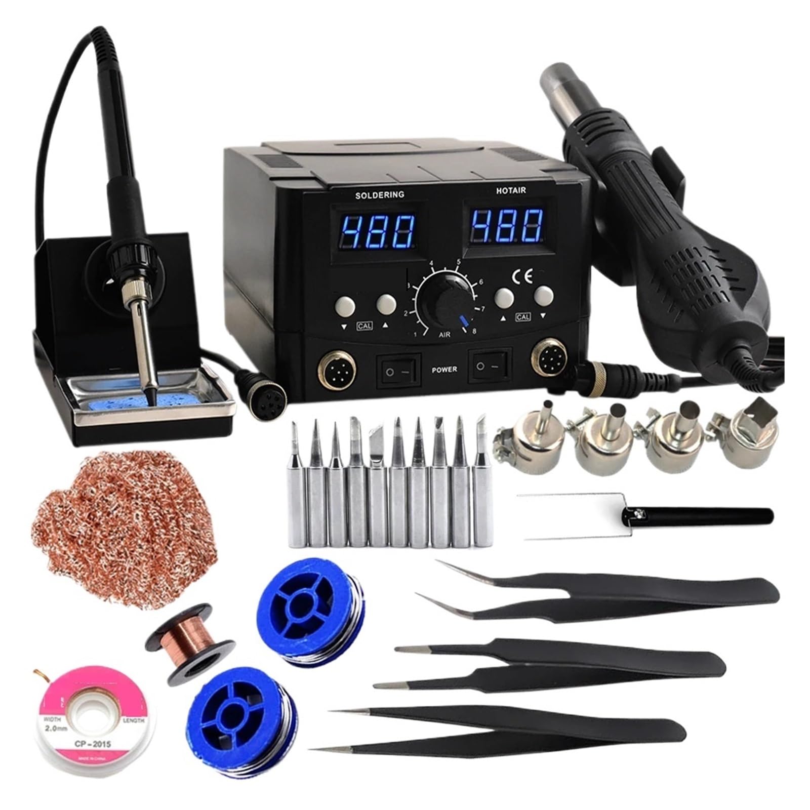 800 W 2 1 Cyfrowa Stacja Lutownicza ESD Hot Air Gun Spawanie Lutownicą Do Rozlutowywania SMD Szybkie Nagrzewanie(8588D TOOL SET 4)
