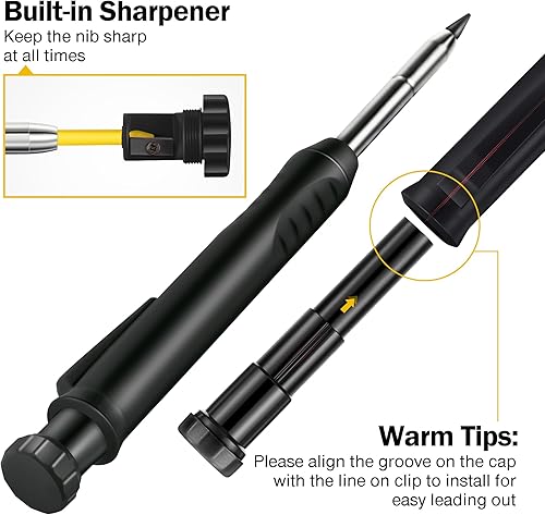 Miniatura 6 de Hiboom Paquete de 2 Lápices de Carpintero Sólidos con Tapa de Lápiz y 18 Repuestos, Marcador de Lápiz Mecánico de Nariz Larga para Agujeros