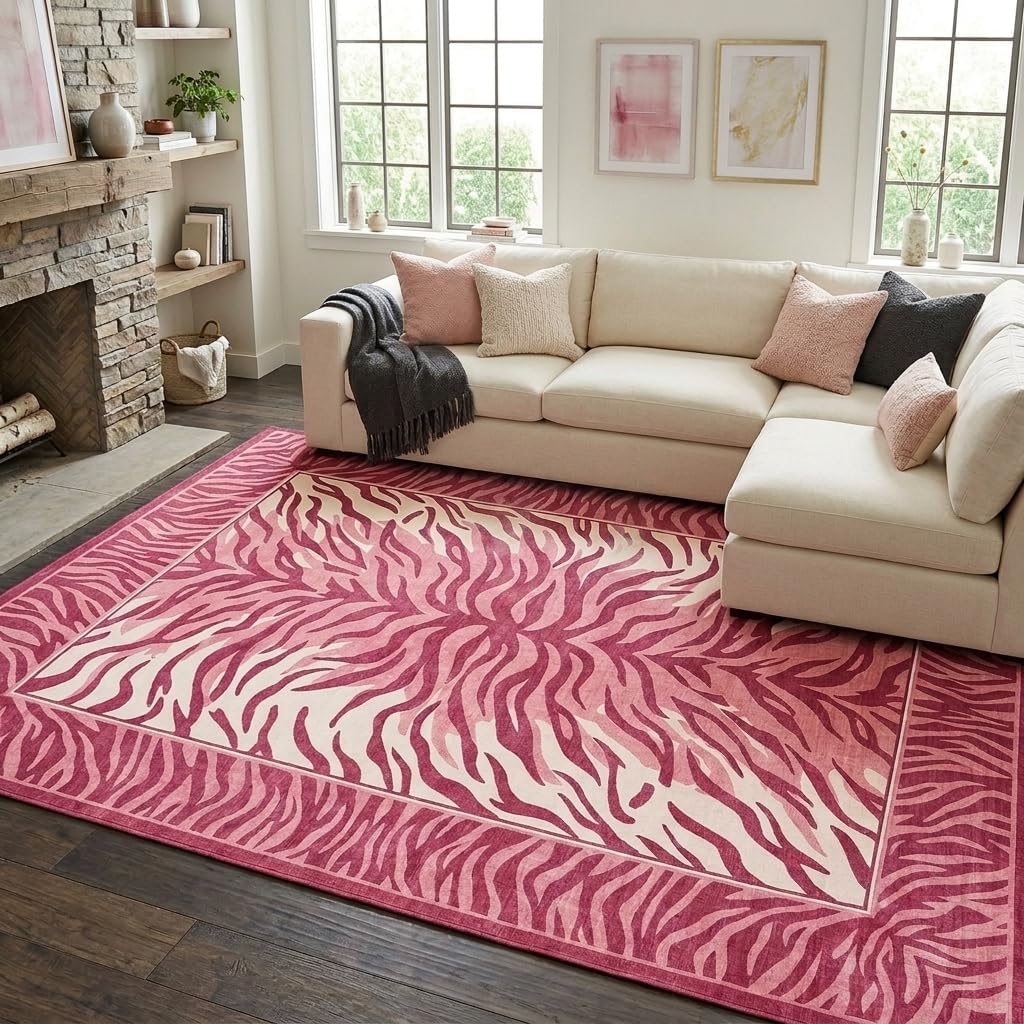 3x5 Area Rug for Living Room,Modern Abstract Pink and Green Zebra Print Rug,Non-Slip Washable,Bedroom, Dining Room, Home Office