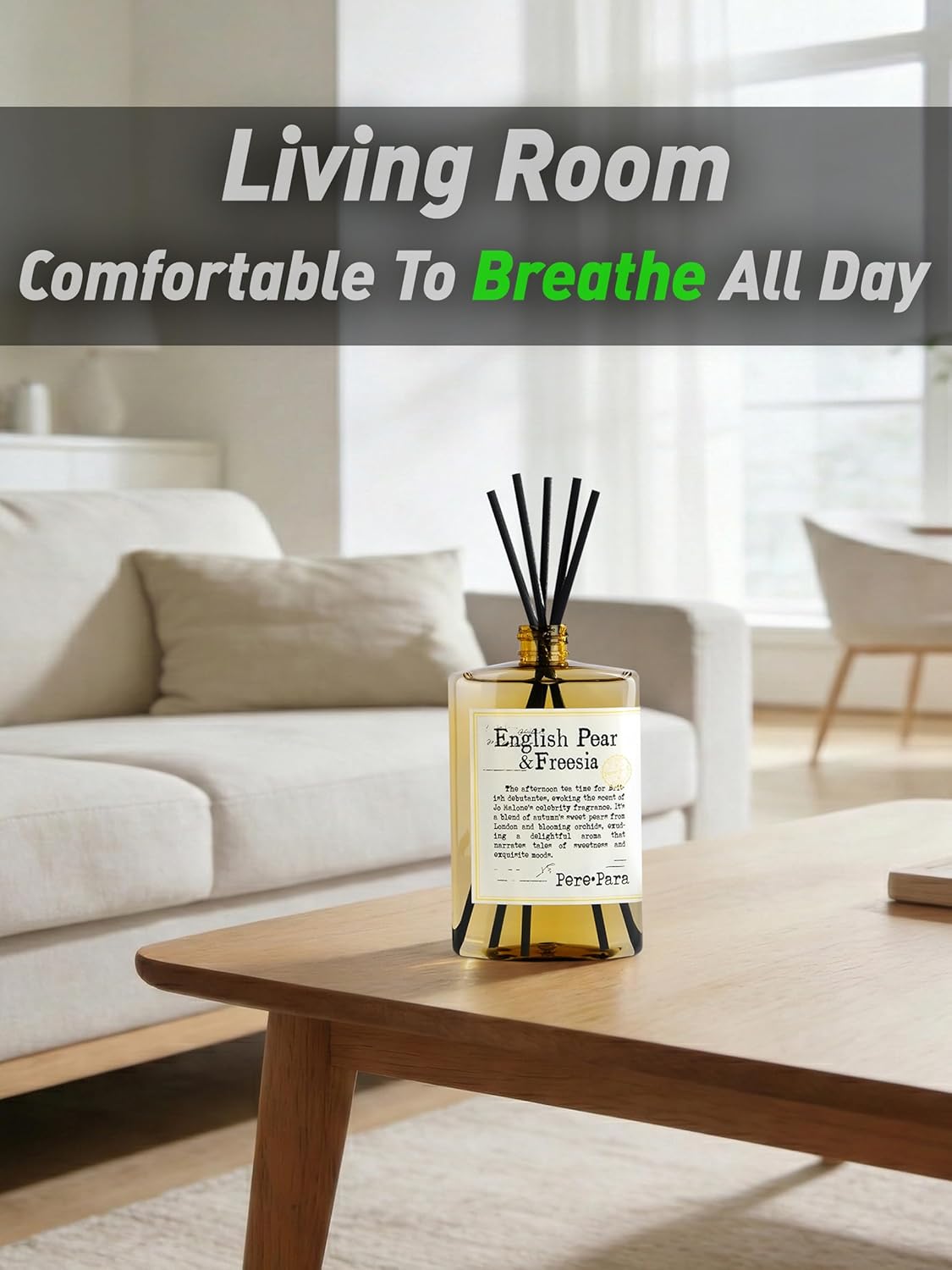 English Pear&Freesia Scent Reed Diffuser Refill 13.53 fl oz with 6 Sticks，【Brighten The Air】 Luxury Natural Long Lasting Home Fragrance Oil Air Freshener for Living Room and Office