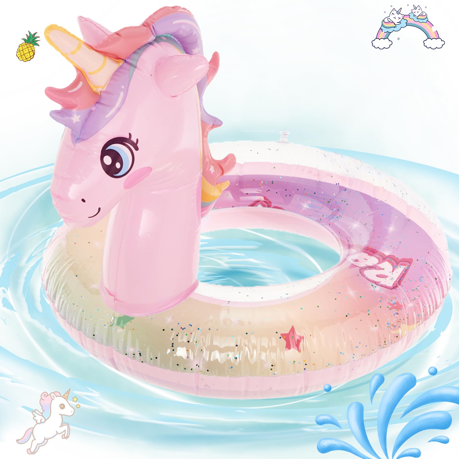 Swimming Ring for Kids, Unicorn Rubber Ring for Swimming with Sequin, Leak-proof Pool Inflatable Ring for kids 4-9 Years