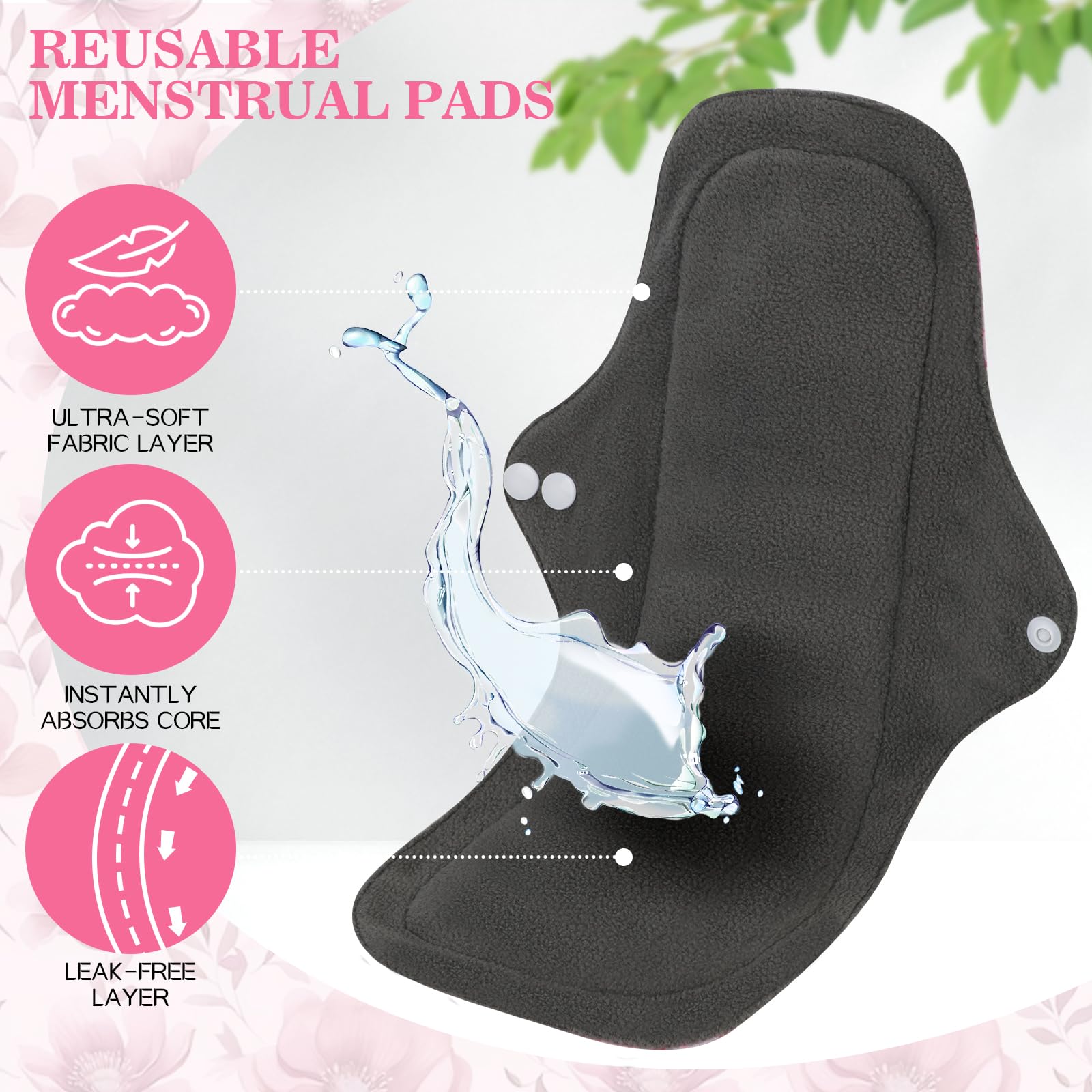 PHOGARY 7 Pack Reusable Menstrual Pads Large Sanitary Pads Set for Heavy Flow with 1 Wet Bag, Washable Overnight Cloth Panty Liners with Wings for Women, 33cm