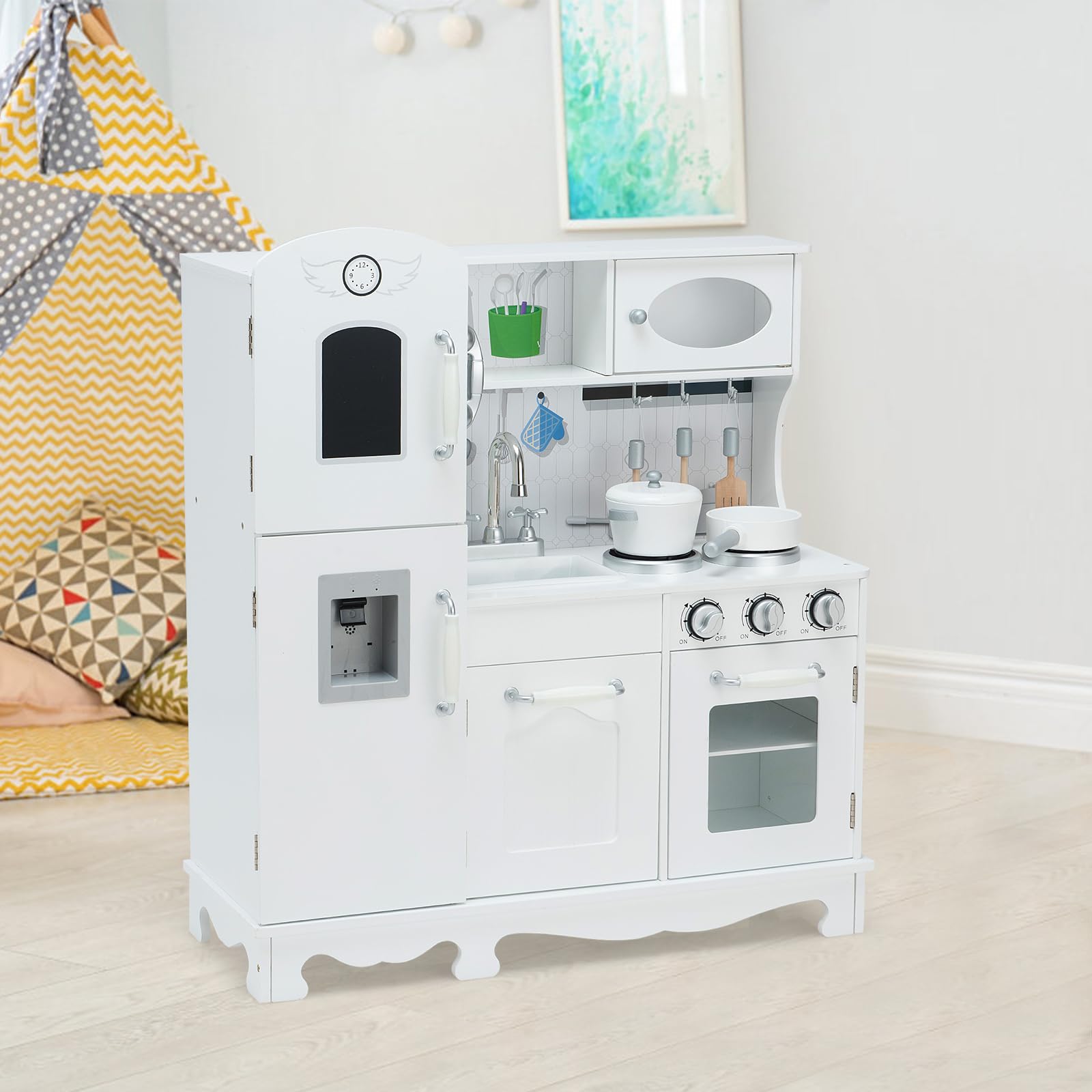 HOMASIS Kinderküche mit Licht & Sound, Spielküche mit Spielzubehör, Kinderspielküche mit Tafel Telefon Kühlschrank Spüle Herd Backofen, Spielzeugküche Holz, Küchenspielset für Kinder ab 3 Jahre, Weiß