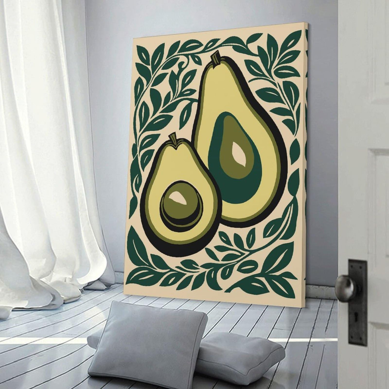 Junmoney Avocado Halves with Green Leaves Canvas Art Print, 08x12inch(20x30cm), for Living Room, Bedroom, Office Or Hallway, Decorative Artwork with Broad Appeal