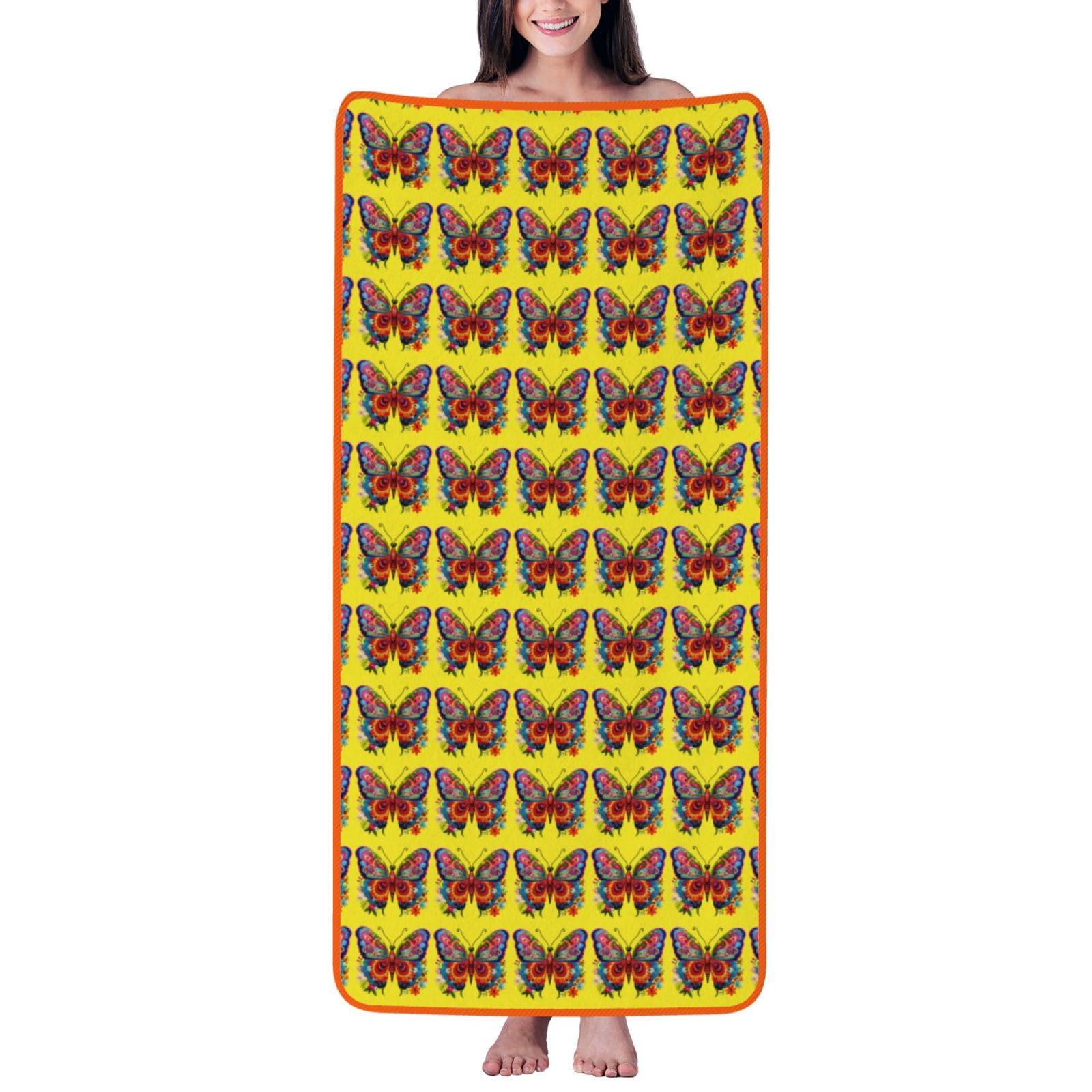 Ztpowqa Women's Orange Embroidery Colorful Butterfly Print Coral Velvet Bath Towel For Home Gym Lounging Bathroom Spa Hotel Beach Travel