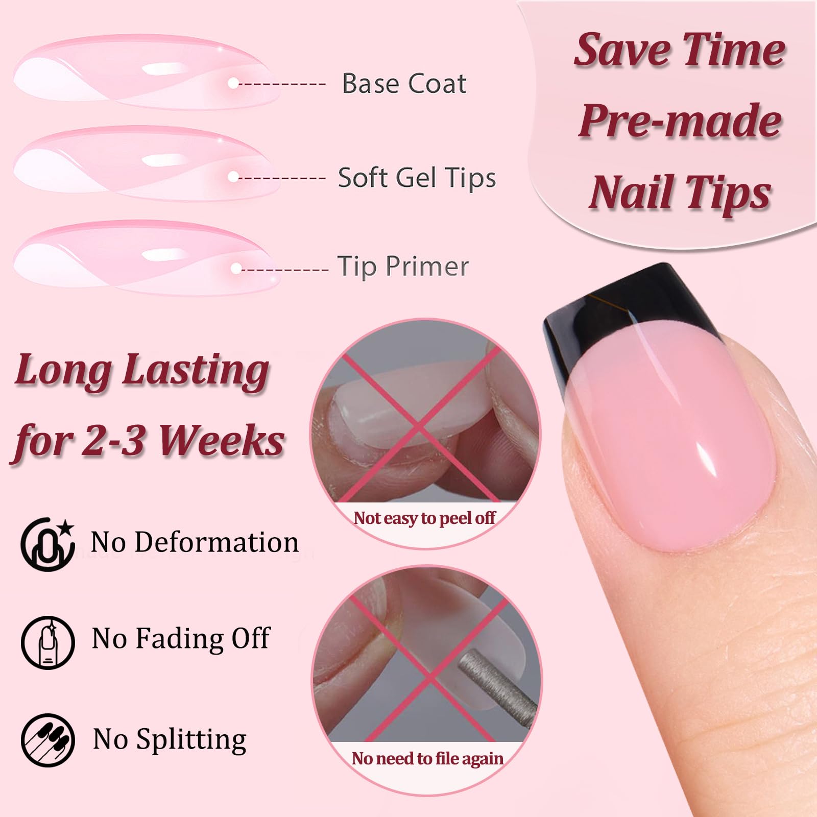 Uñas postizas con punta francesa - 240 uñas acrílicas medianas - Cobertura total - Kit de manicura francesa for mujeres(Pink-Black)