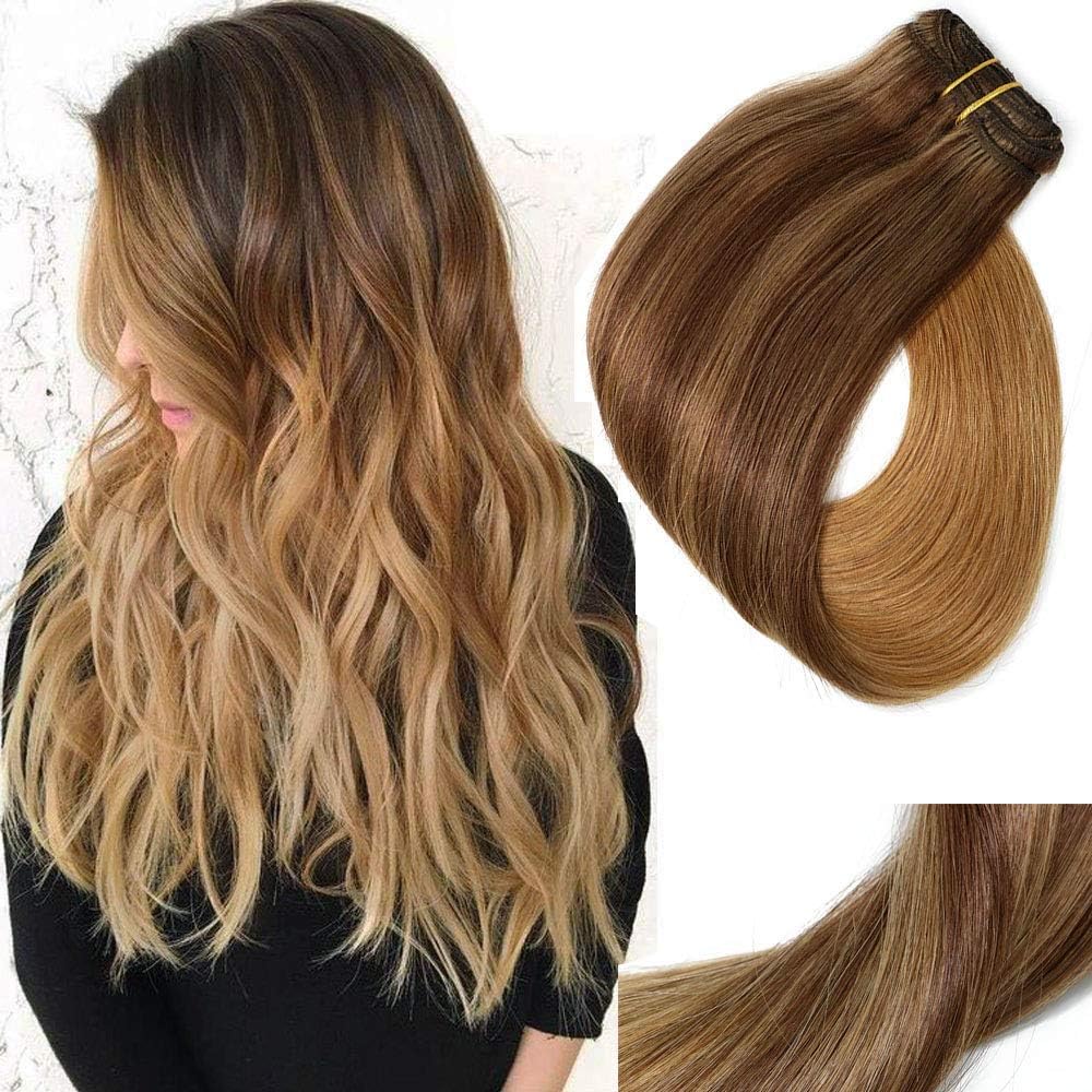 Clip in Hair Extensions Ombre for White Women Brazilian Virgin Hair Soft and Silky Straight 14 inches 120g Medium Brown mix Medium Golden Brown to Strawberry Blonde 7 pieces #4p10t27