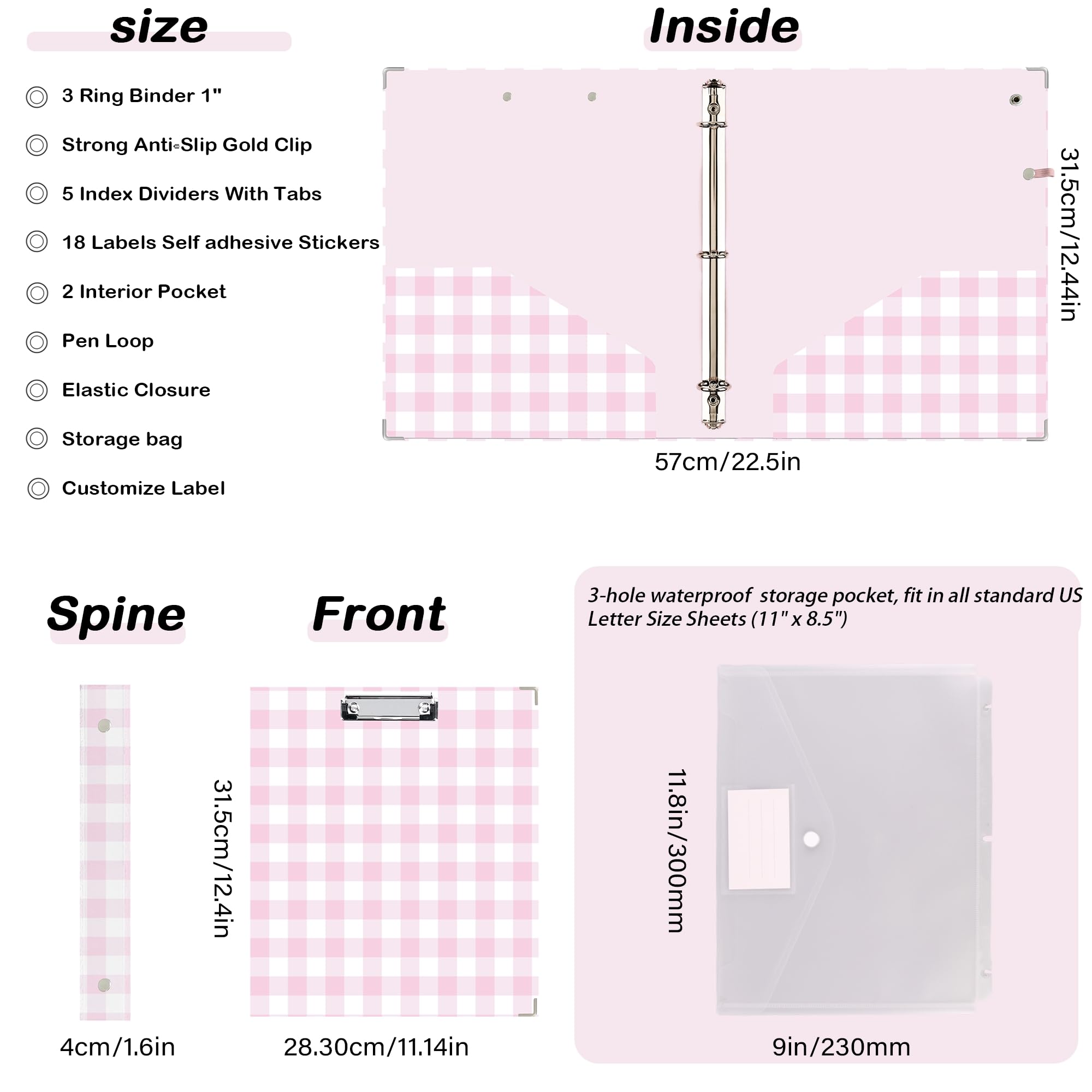 Carpeta de 3 anillas con portapapeles, diseño de cuadrícula rosa y blanca, incluye divisores, bolsa de archivos y etiqueta de lomo, ideal para estudiantes y profesionales