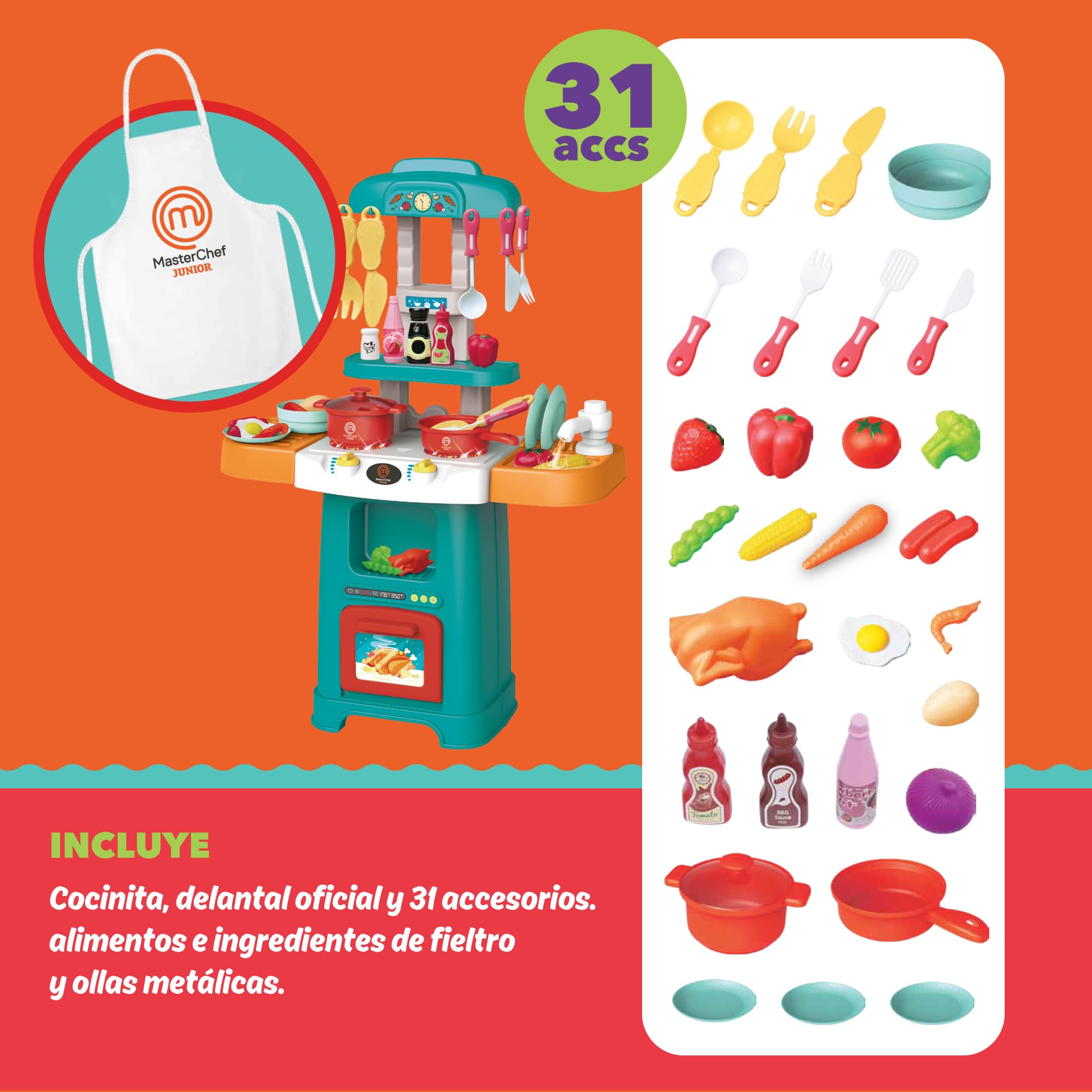 Masterchef Junior Play Kitchen - Cucina compatta con 31 accessori, luci e suoni realistici, include cibo in feltro e grembiule, facile da montare, funziona con 3 batterie AA, Famosa (MTE01000)