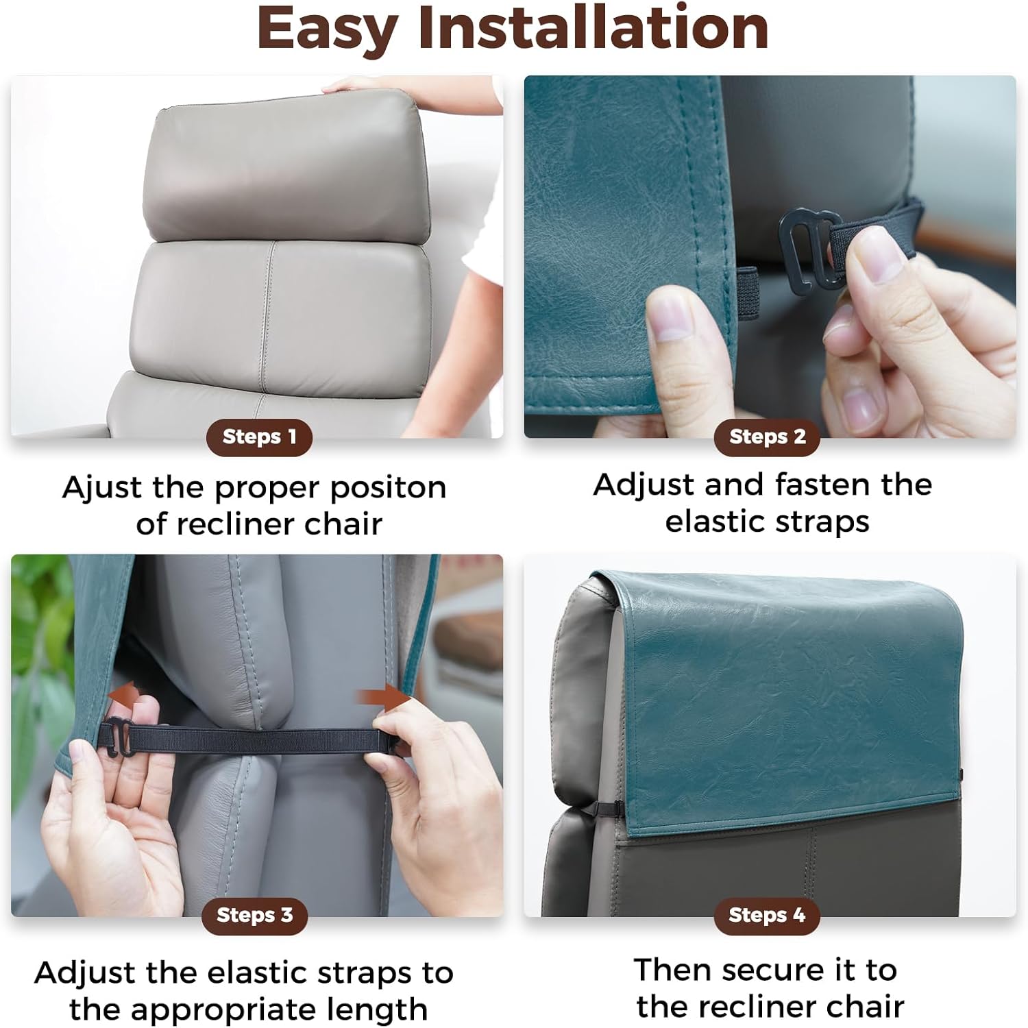 Headrest Cover for Recliner Chair Recliner Headrest Protector Faux Leather Headrest Cover with Elastic Straps Couch Headrest Covers for Furniture Sofa Protector 17 x 27In(Ocean Blue)