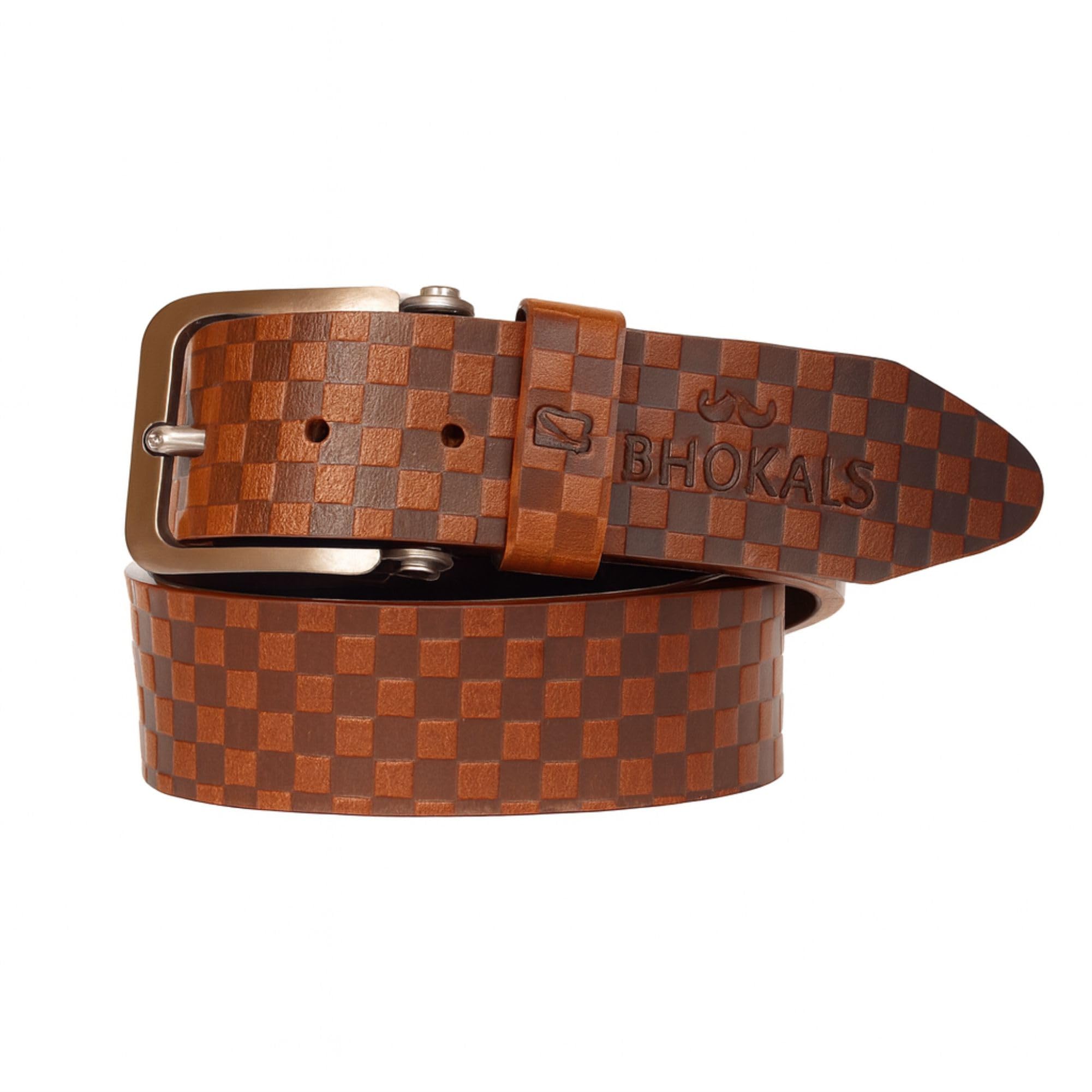 bhokals Men’s Genuine Leather Belt with Brown Checkerboard Pattern and Classic Metal Buckle | Stylish Durable Waist Belt for Casual & Formal Wear-picture-23