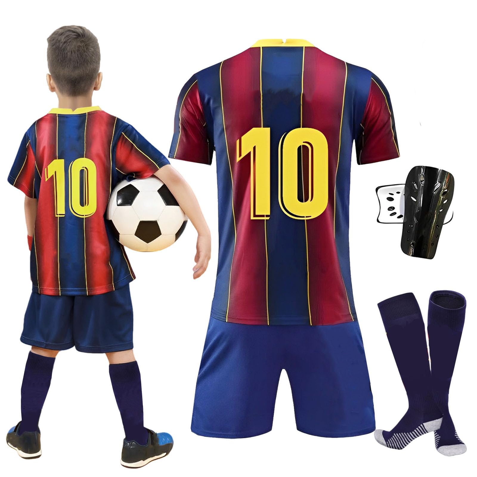 Byhsoep Camiseta de Fútbol,Conjunto de Fútbol de Jersey para Niños,Jersey Sets Kids, con Camiseta,Deportiva de Fútbol con Pantalones Cortos,Calcetines y Placa Protectora de Rodill