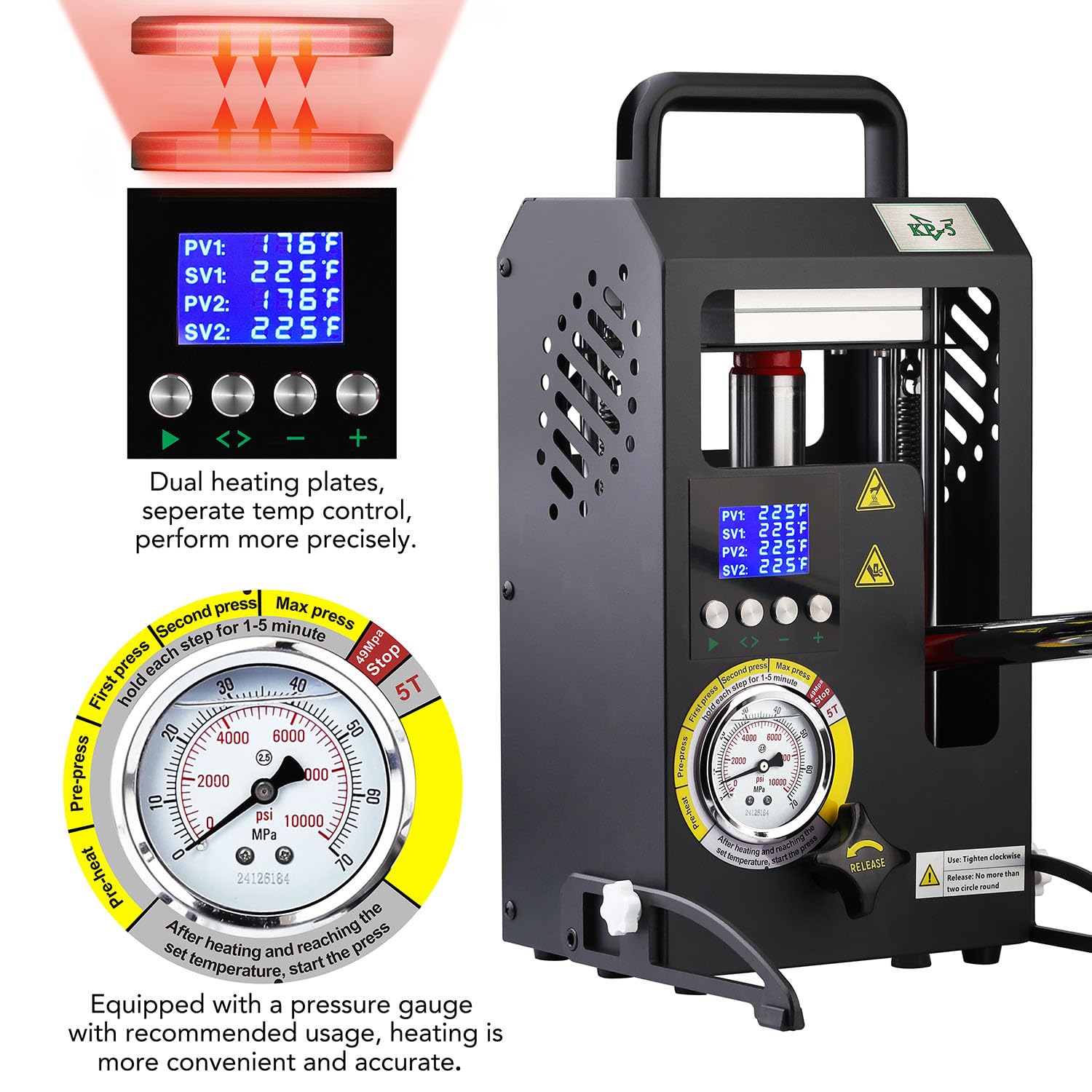 Rosin Presse – 5 Tonnen Hydraulische Kolophonium-Extraktionsmaschine mit Manometer, 12 × 10.5 cm Heizplatten mit Zwei unabhängigen Temperaturreglern