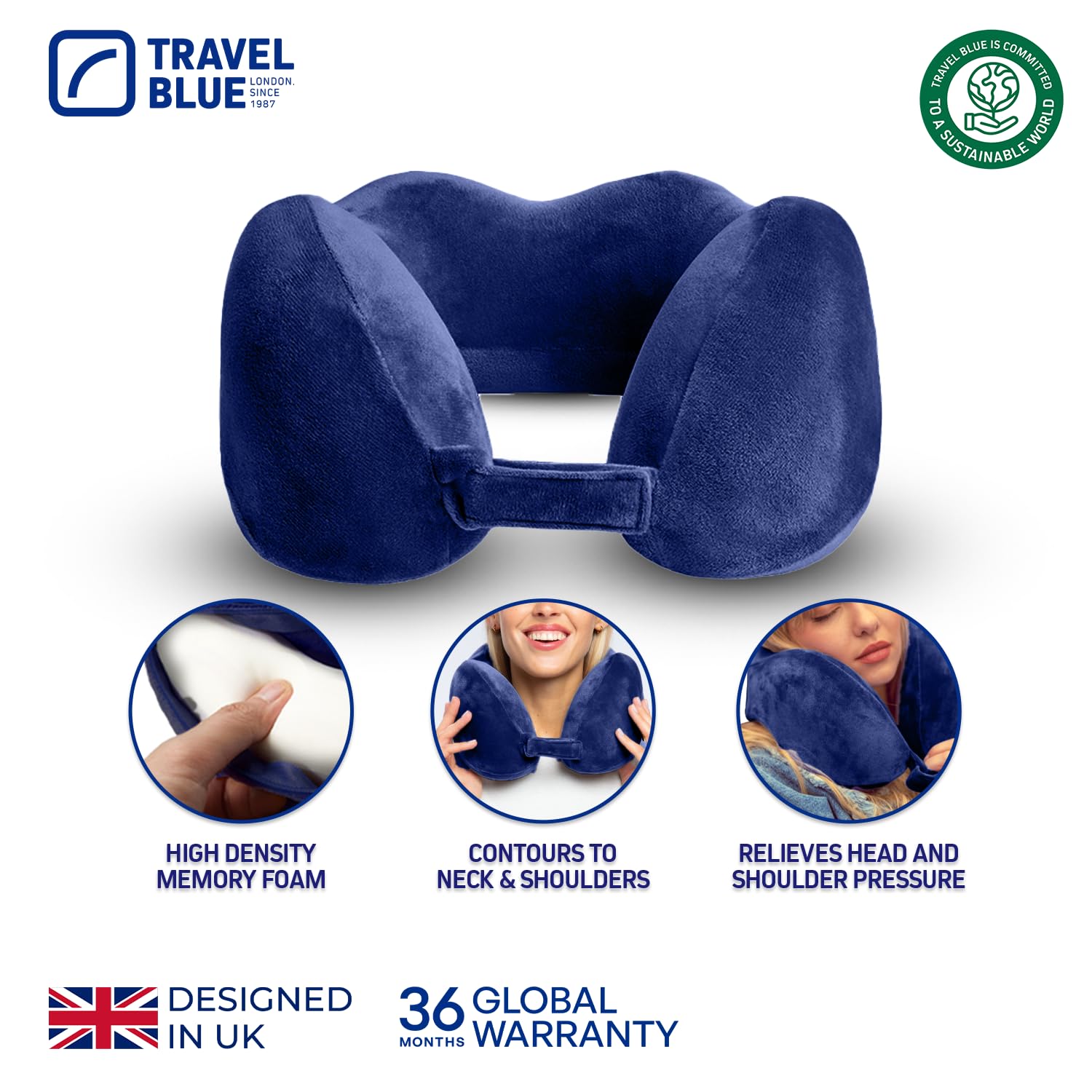 Travel Blue Coussin de Voyage en Mousse à Mémoire de Forme - Oreiller Ergonomique et Léger pour Le Cou - Ajustable Coussin pour Avion, Voiture et Bureau - Support pour Tête, Cou et Colonne (Navy)