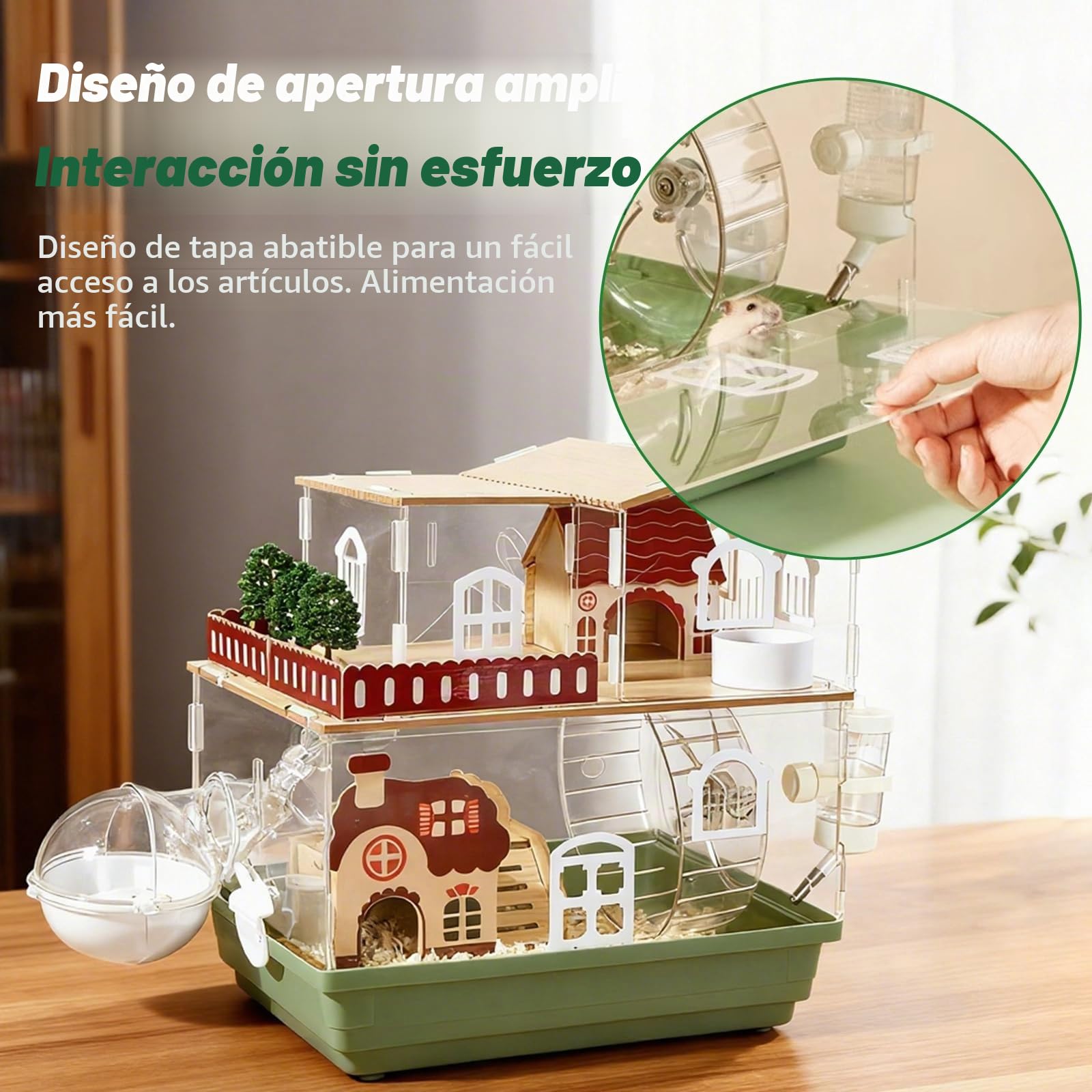 Jaula acrílica para hámster 12 en 1, diseño de jardín, 35 × 26 × 37 cm, transparente, varios pisos, incluye villa de madera, rueda, túnel, botella de agua, casa de baño y accesorios de juego (2