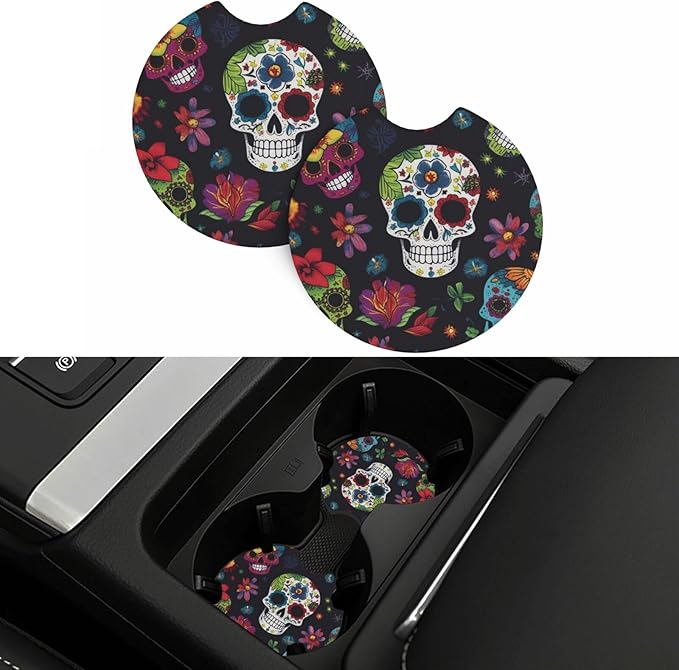 2 Pack Car Coaster for Cup Holders Flower Cactus Sugar Skull Car Cup Coaster 2.7