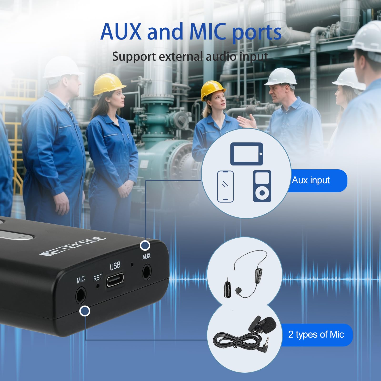 Retekess T130Pro Wireless Audio Guide System, Riduzione del Rumore Migliorata, Sistema di Guida Turistica Whisper, 160m, per Visita Fabbrica (1 Trasmettitore 10 Ricevitori)