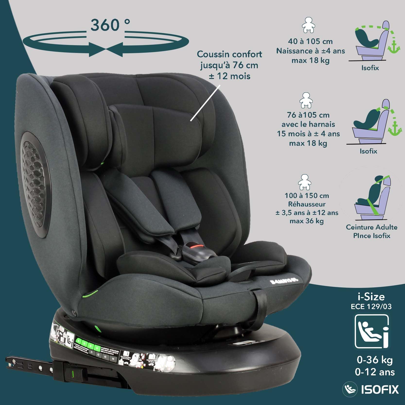 Bambisol - Siege Auto Rotatif 360° - Evolutif Rehausseur - Isofix I-Size ECE129/03-40cm (Naissance) à 150 cm (environ 12 ans - 36 kg)