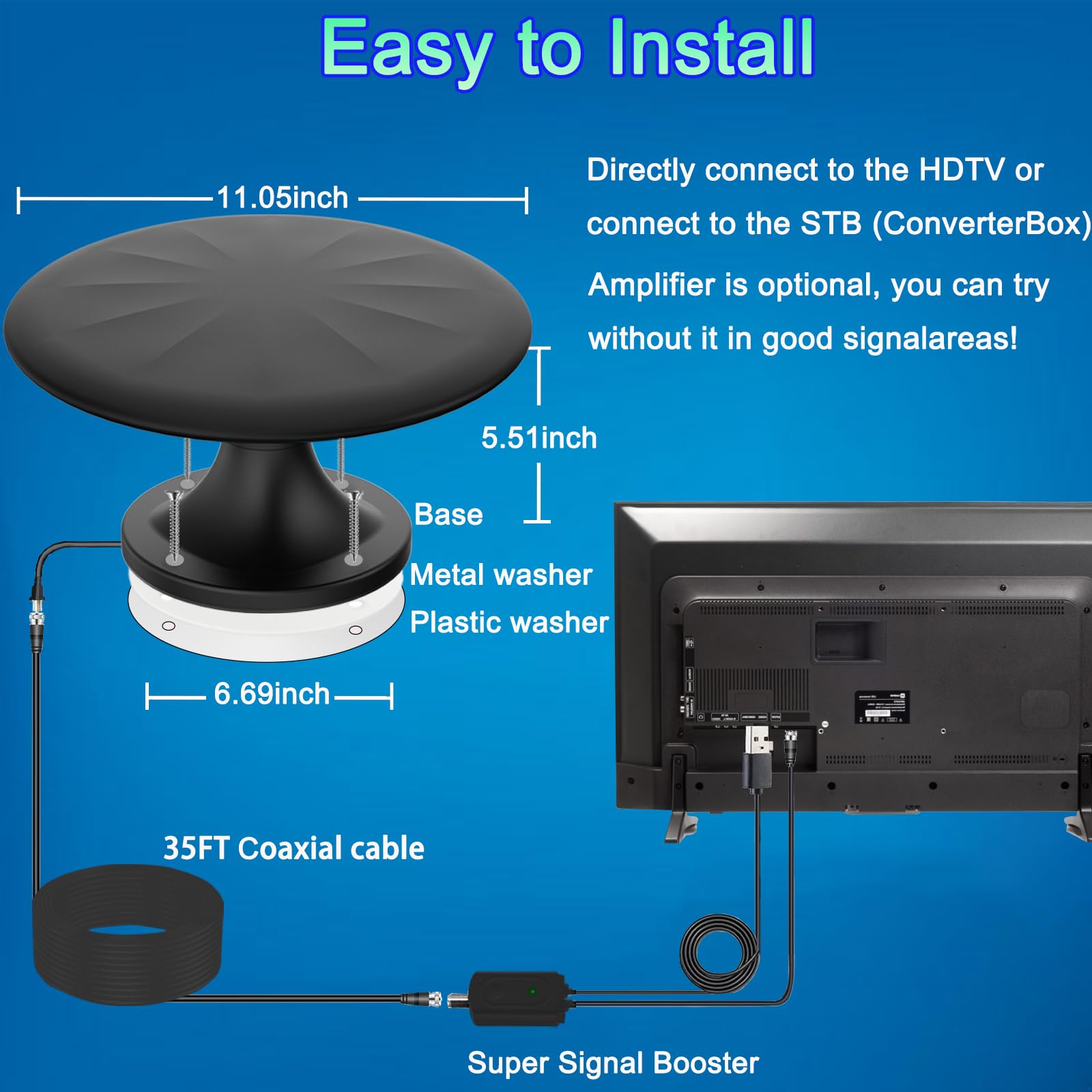 Antenna TV per camper, per esterni, portatile, a lungo raggio a 720°, ricezione omnidirezionale, segnale HD digitale, con amplificatore di segnale, cavo HDTV da 10,7 m (BLACK1)