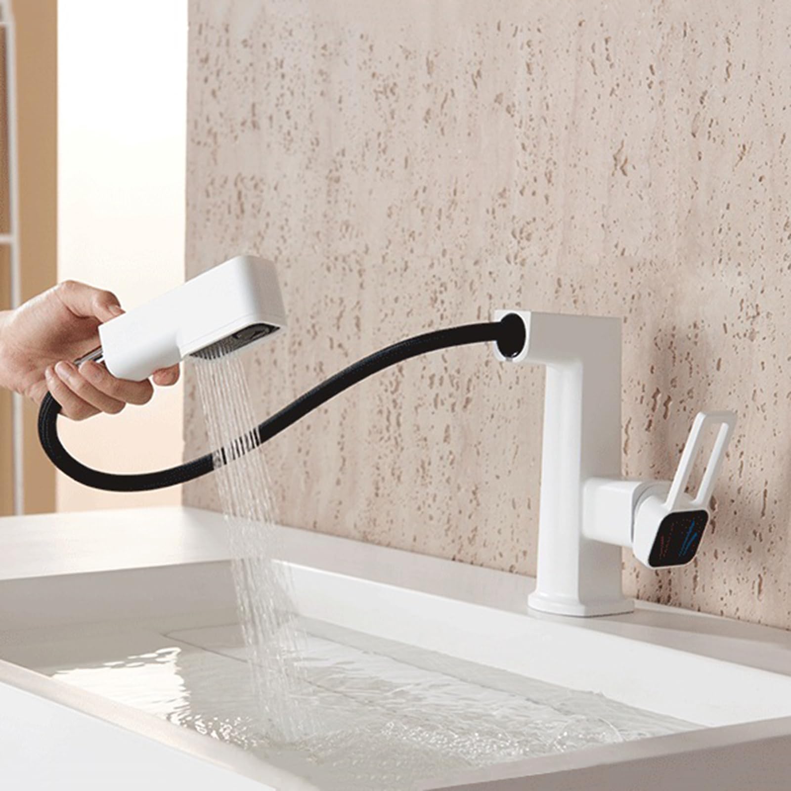 Rubinetto da Bagno Rubinetto per Lavabo da Bagno con Doccetta Estraibile Miscelatore Monocomando A 3 Modalità Bianco