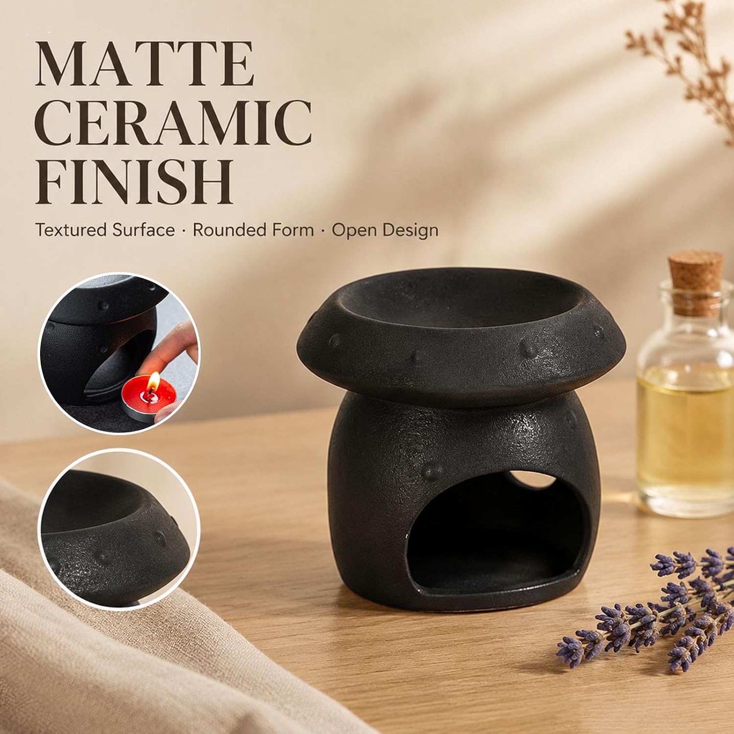 Ceramic Essential Oil Burner, Mushroom Shaped Wax Melt Burner with Tealight Candle Holder, Black Scented Oil Warmer for Fragrance Wax Melts, Home Bedroom Bathroom Decor, 4.6 x 4.2 in image 2