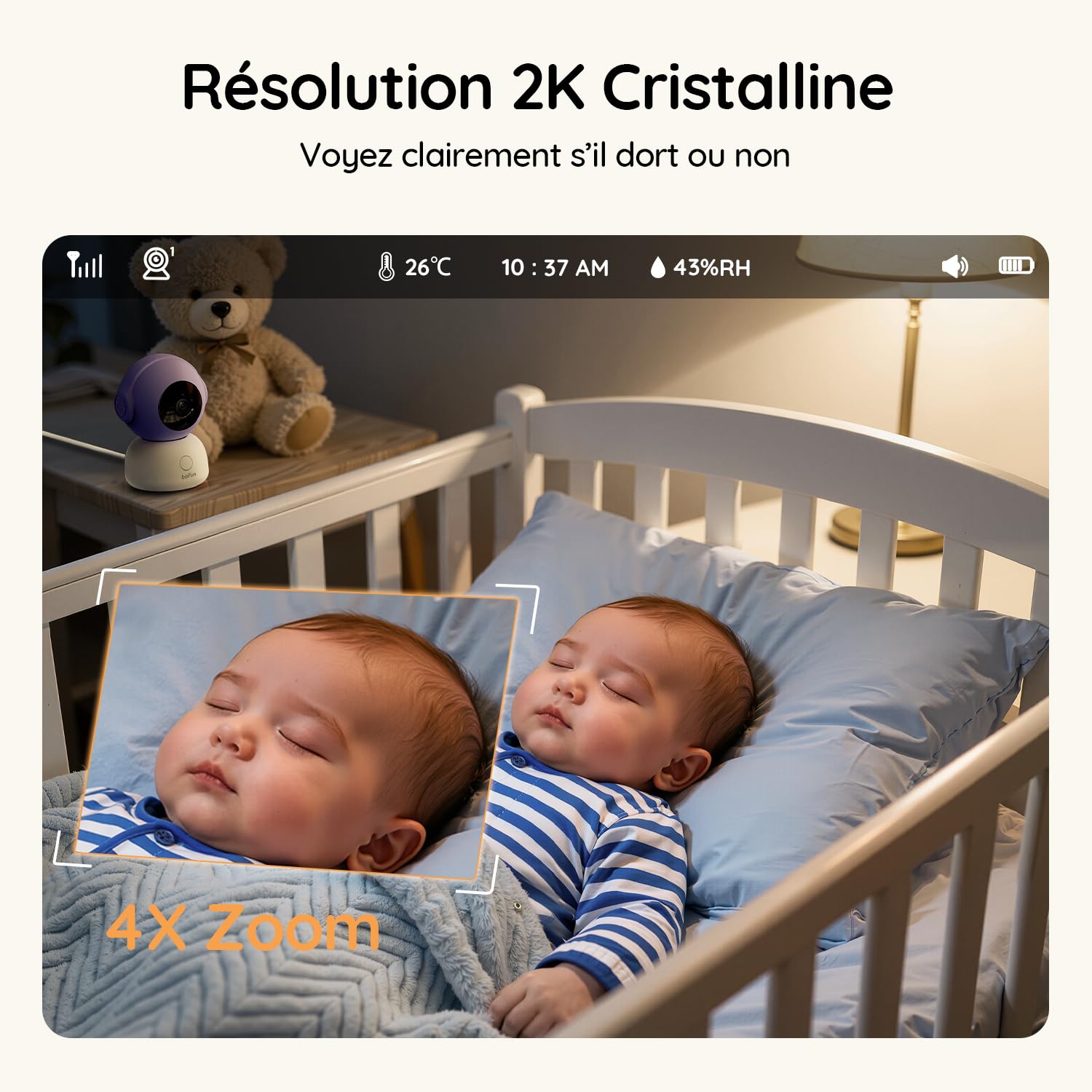 BOIFUN Smart Babyphone Camera 5" 2K, Connecté Via WiFi ou Mode Local, Vision Nocturne sans Lumière Visible, Détection & Alerte Pleurs/Mouvements/Température/Humidité, Suivi Auto 360°, Autonomie 17h