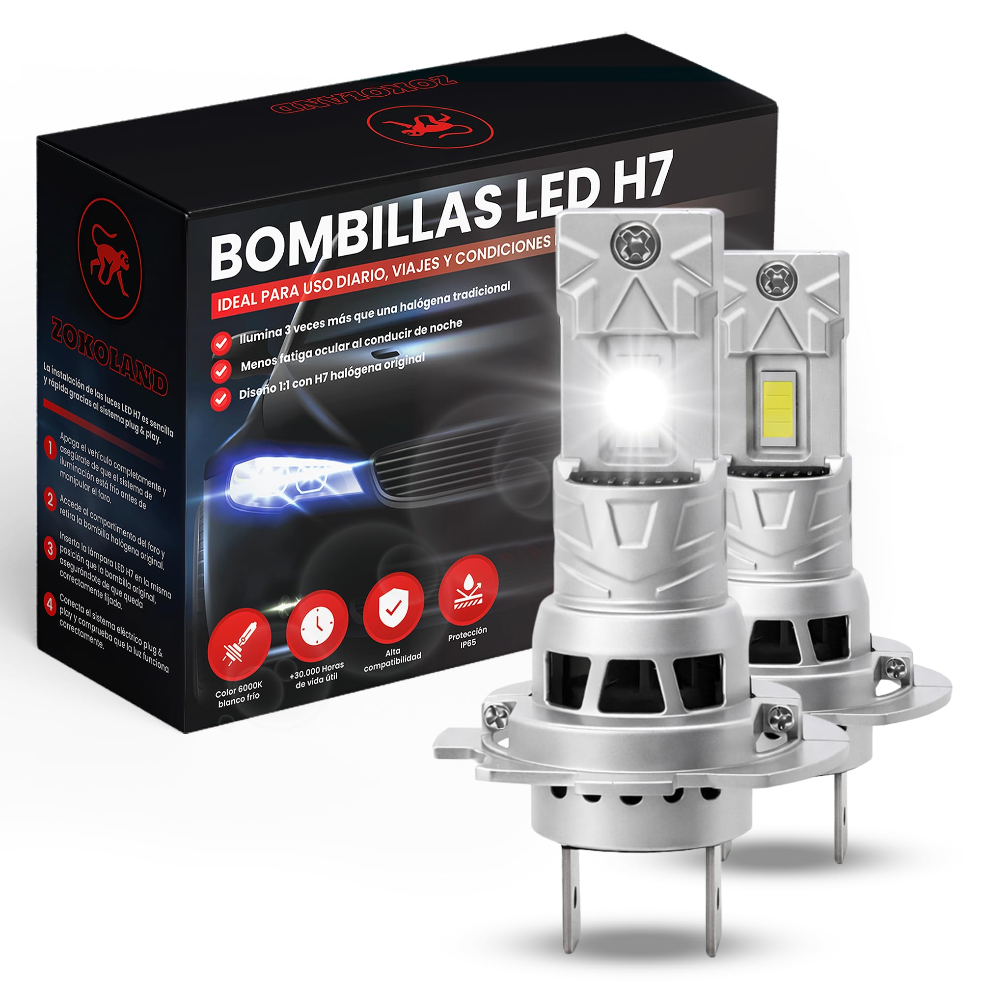 BOMBILLAS LED H7 40000LM 6500K Blanco Frío, Luces Coche y Moto, X20 Más Brillante, Ventilador 20000RPM, IP68 Impermeable, Plug & Play, Reemplazo Halógena, Pack 2 PCS