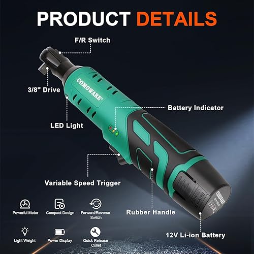 Miniatura 7 de COMOWARE Llave de trinquete eléctrica inalámbrica de 38 pulgadas, kit de trinquete de potencia de 12 V de 40 pies con 1 batería de iones de litio,