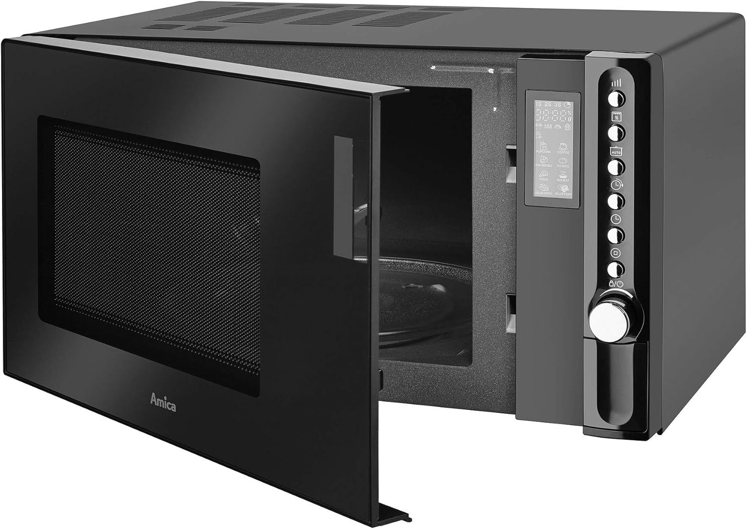بزاوية view صورة لفرن الميكروويف Amica AMGF23E1GB مع فتح بابه، مما يكشف عن التجويف الداخلي والقرص الدوار الزجاجي ولوحة التحكم المفصلة.