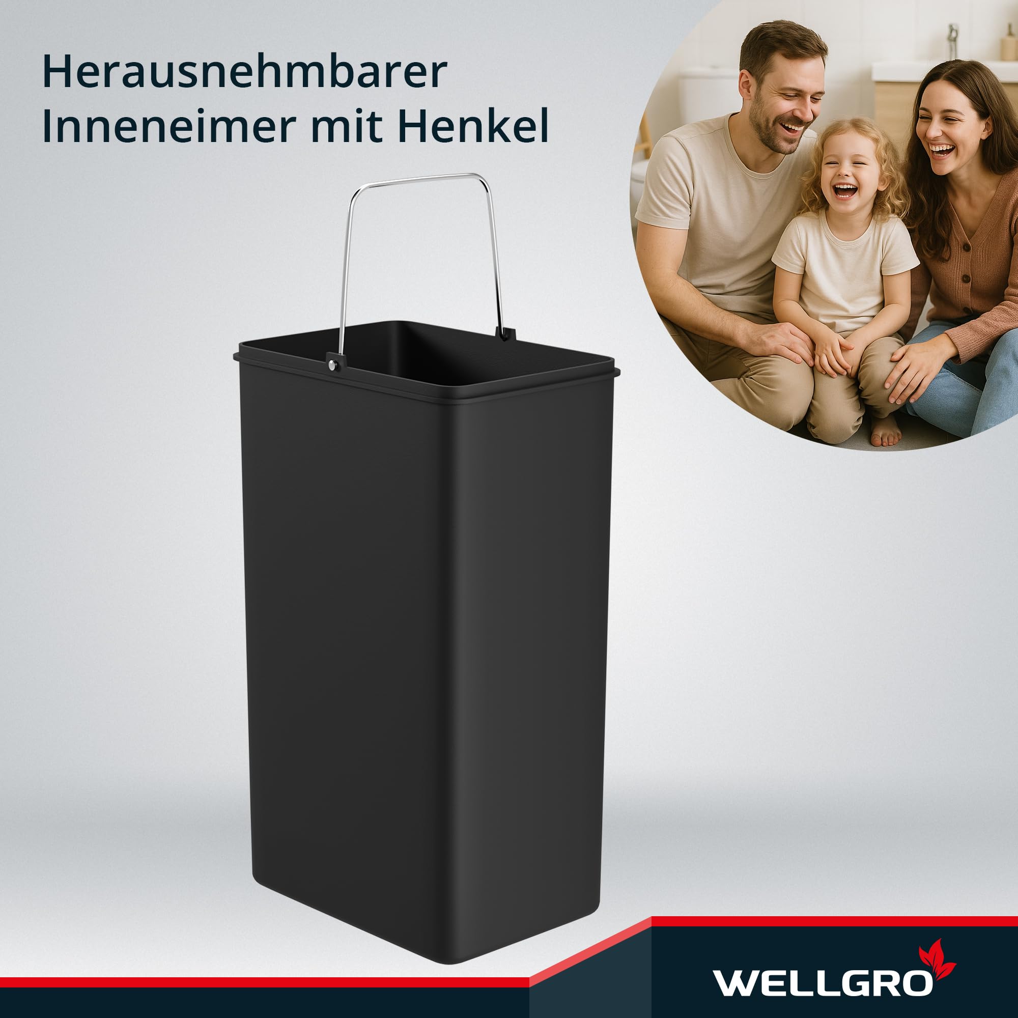 WELLGRO Mülleimer Küche 30 Liter – Edelstahl Treteimer 2x15 Liter grau mit Softclose-Deckel, Mülltrennsystem mit 2 Fächern und Kunststoff-Inneneimern