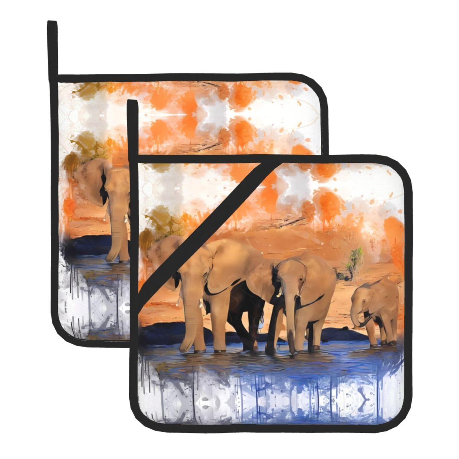 WHJDPP Elephants Art Prints Square Hot Pads for Kitchen - Waterproof Pot Holders Set of 2, Durable Trivets with Pocket & Hanging Loop for Hot Dishes & Oven Use